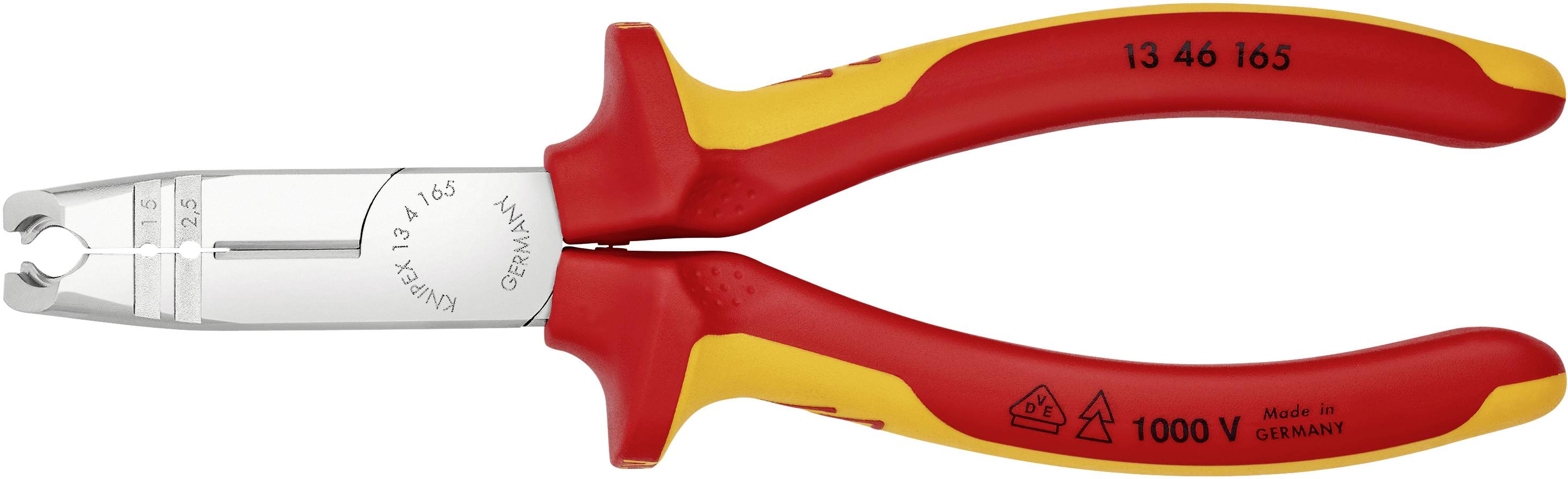 Pince à dénuder électrique avec poignées en plastique rouge et jaune et tête de coupe métallique isolée, adaptée aux travaux jusqu'à 1000 V.