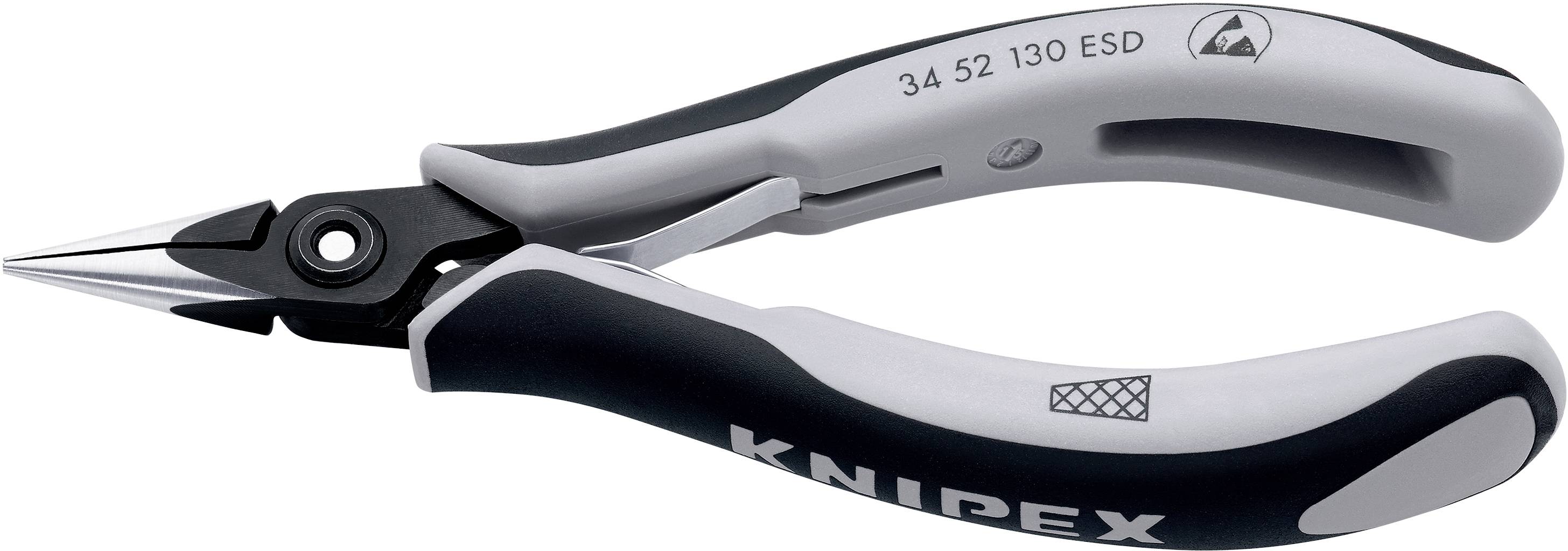 Une pince de précision Knipex noire et grise portant l'inscription 'ESD' et '34 52 130', adaptée aux travaux électroniques délicats.