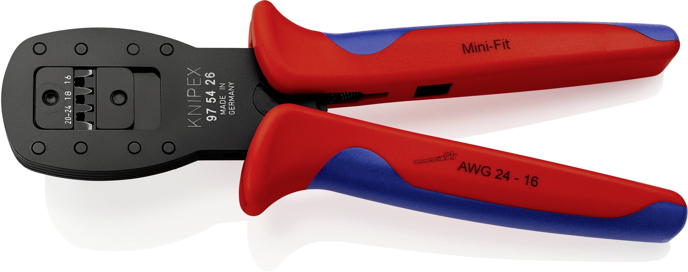 Pince avec poignées rouges et inscription 'Knipex' sur la tête noire. Adaptée pour AWG 24-16. Utilisée pour les connecteurs Mini-Fit.