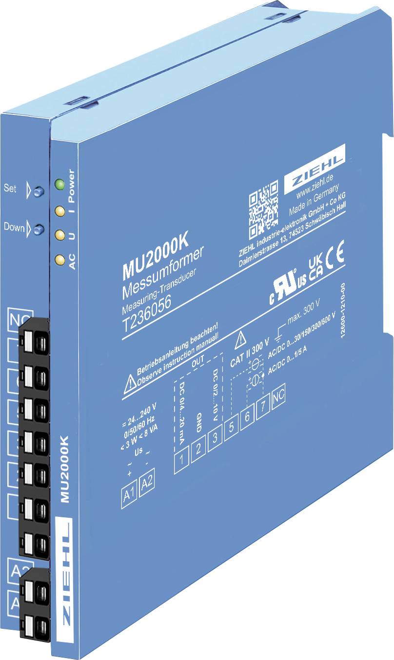 Module de mesure Blue ZENI M2000K affiché en 3D, avec bornier et voyants d'état sur la face avant.