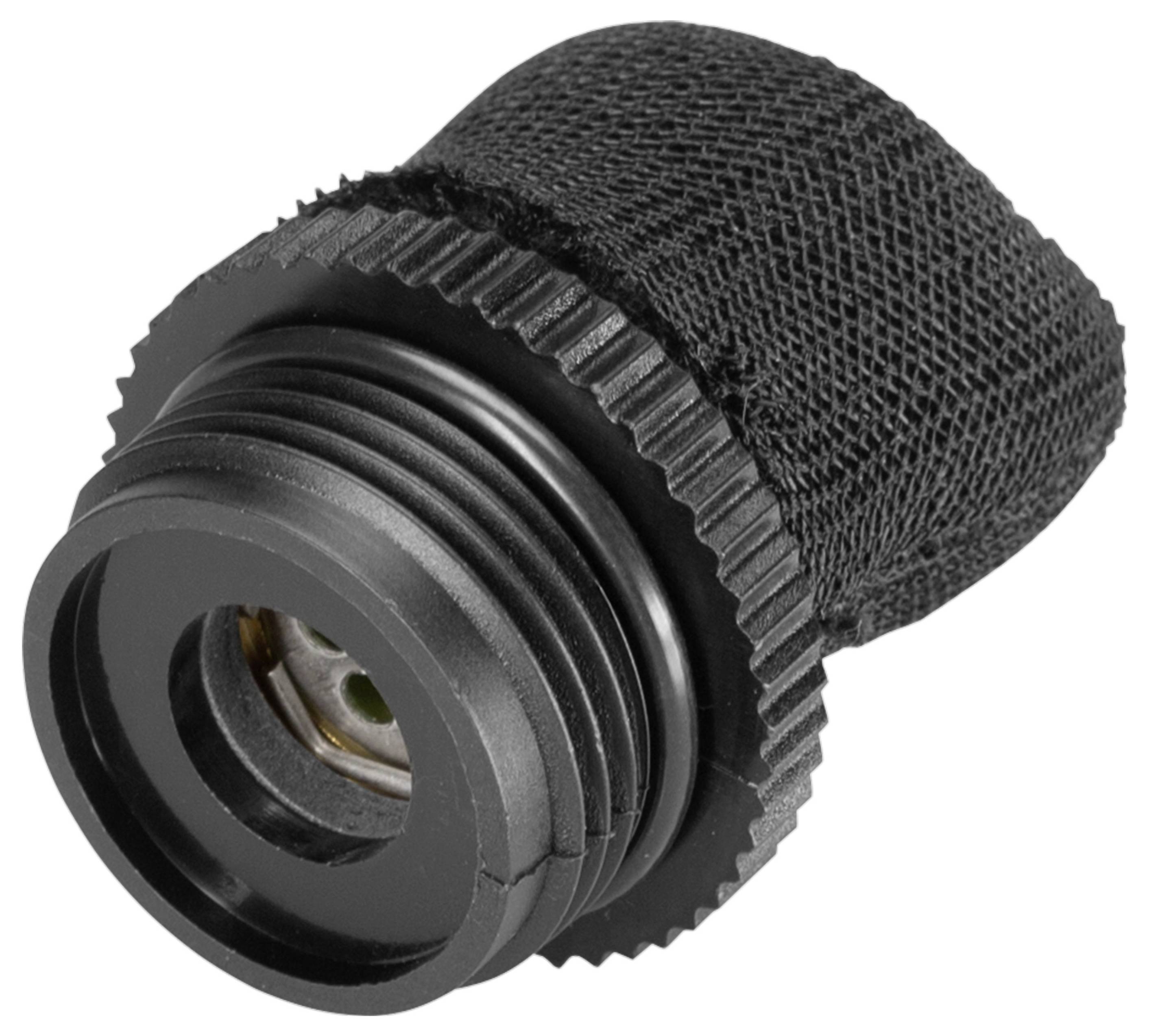 Un objet noir et strié, de forme cylindrique, avec un filetage, probablement un bouchon ou un adaptateur pour des dispositifs techniques.