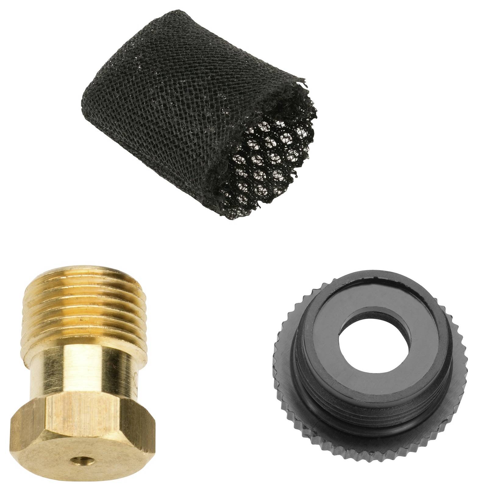 Trois parties : Un cylindre noir en maille filet, un adaptateur couleur laiton fileté et un insert noir fileté.