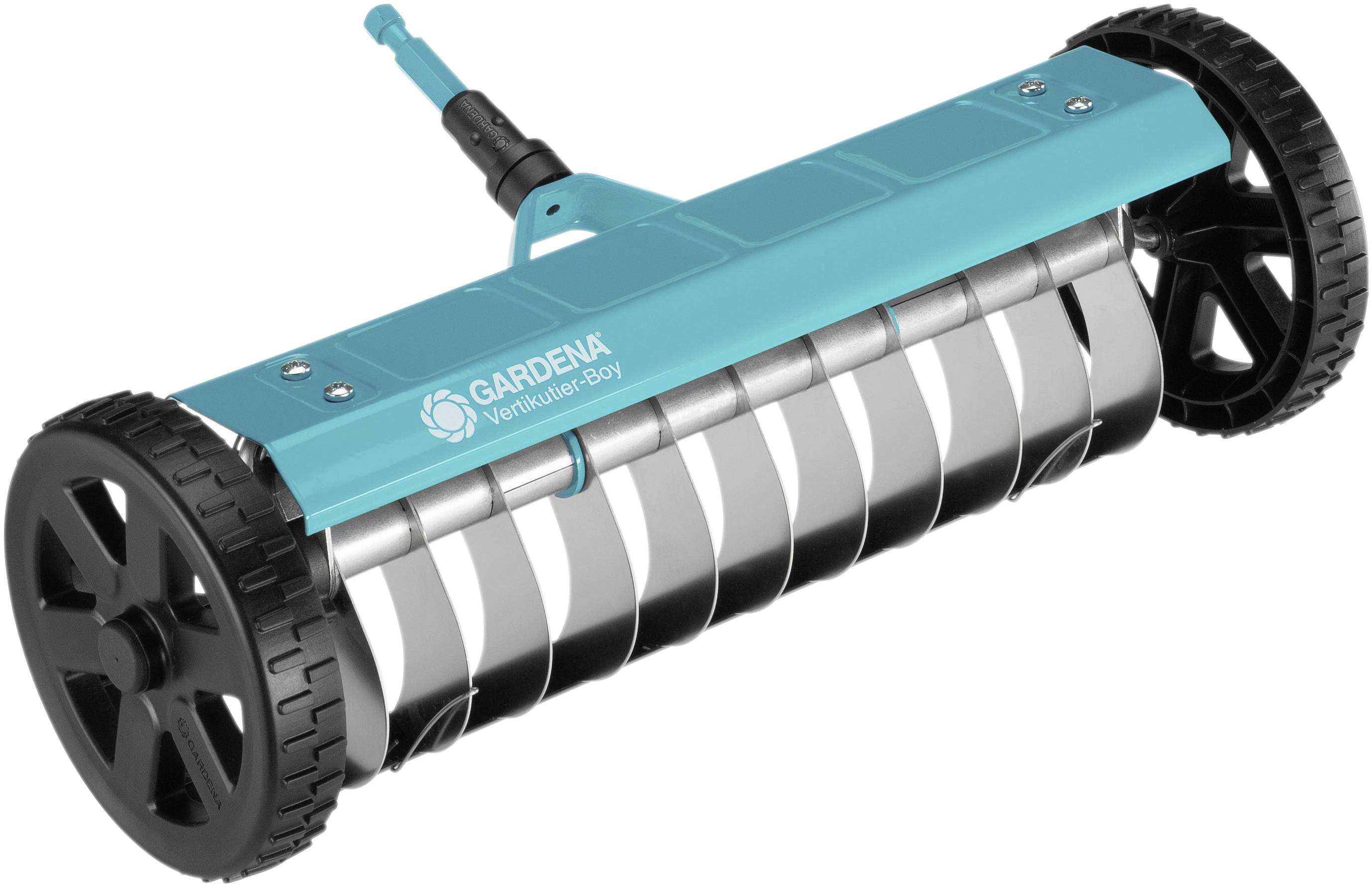 Aérateur manuel Gardena avec lames rotatives et roues, adapté à l'aération de la pelouse.