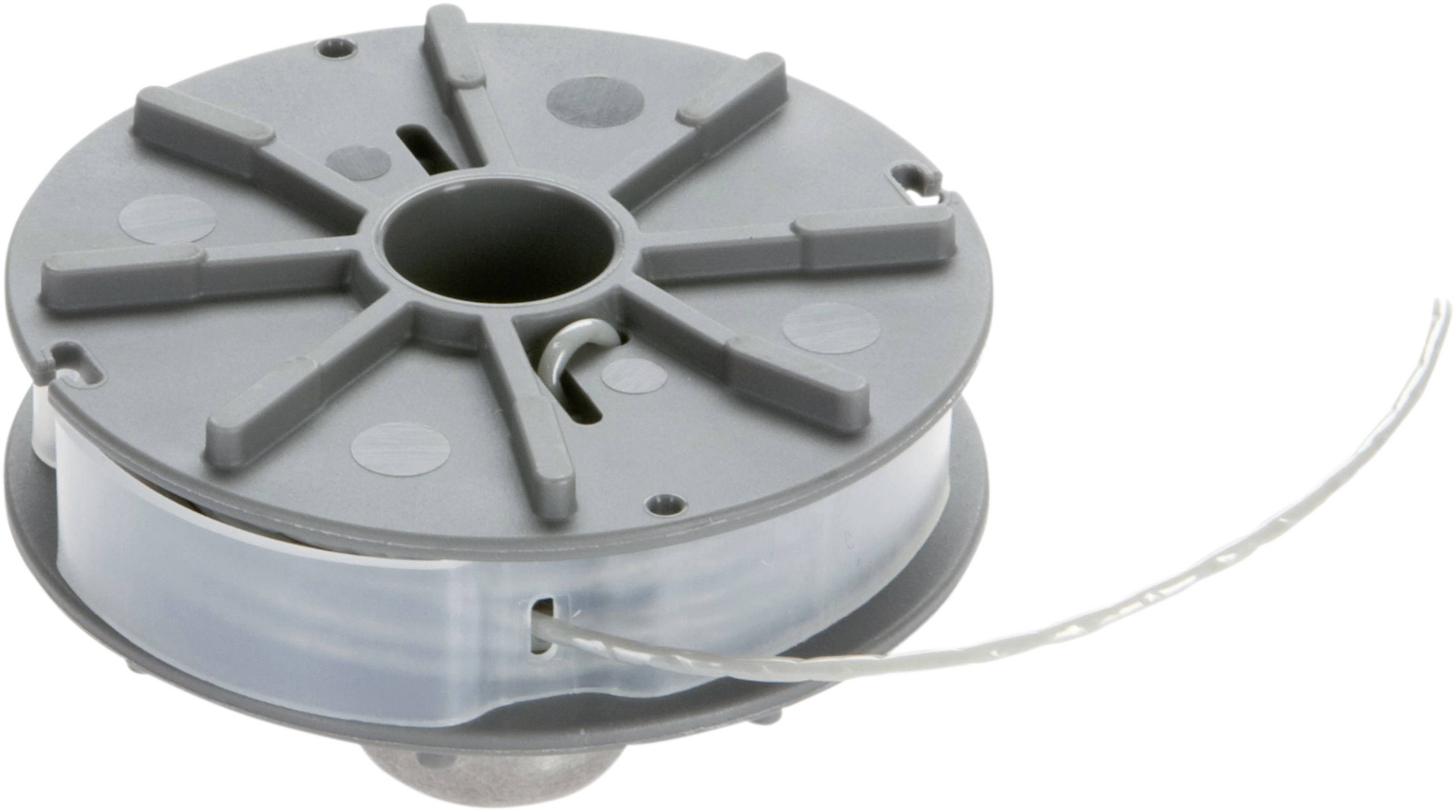 Une bobine grise en plastique avec un ruban transparent enroulé, partiellement déroulé.