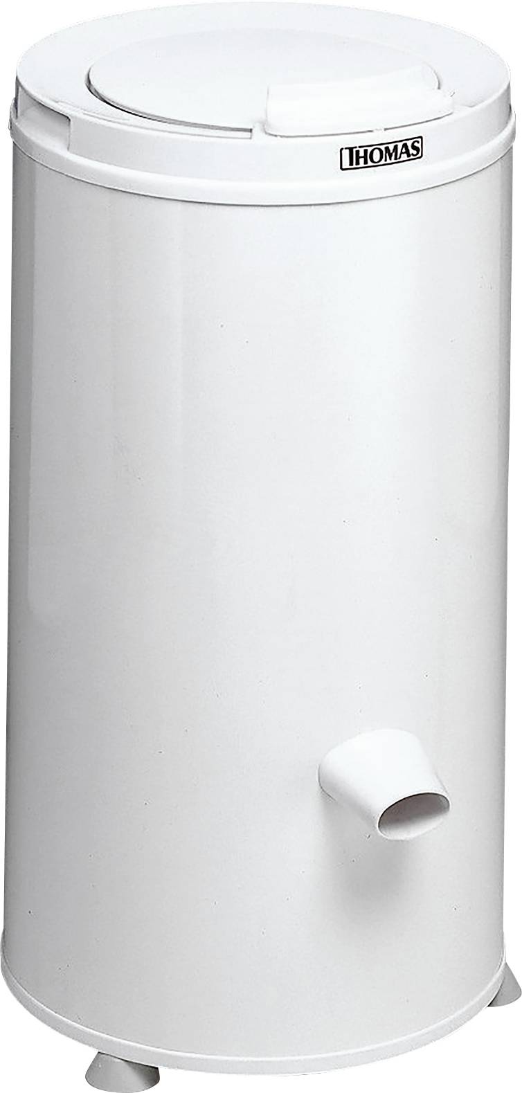 Essoreuse à linge blanche, cylindrique, avec évacuation latérale et socle de support.