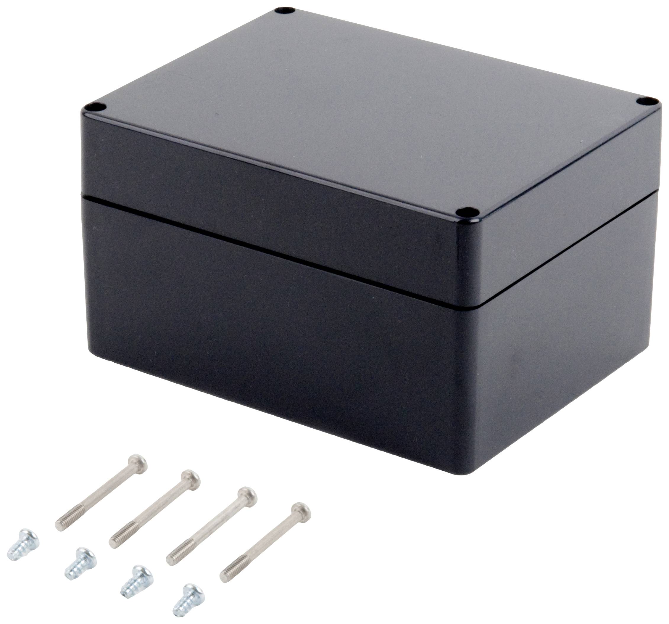 Boîtier rectangulaire noir aux coins arrondis, avec quatre vis et écrous à côté, adapté pour le montage de composants électroniques.