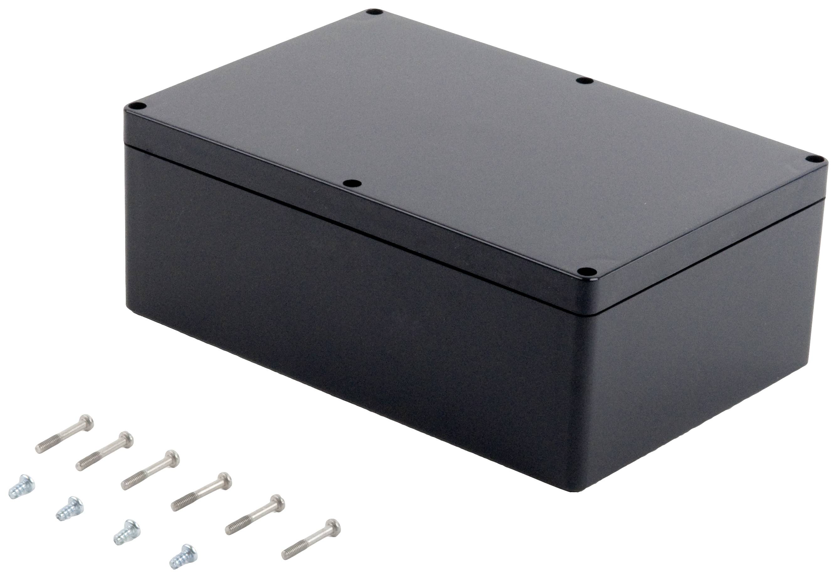 Boîtier rectangulaire noir avec six vis disposées côte à côte, adapté pour des appareils électroniques ou des circuits électroniques.