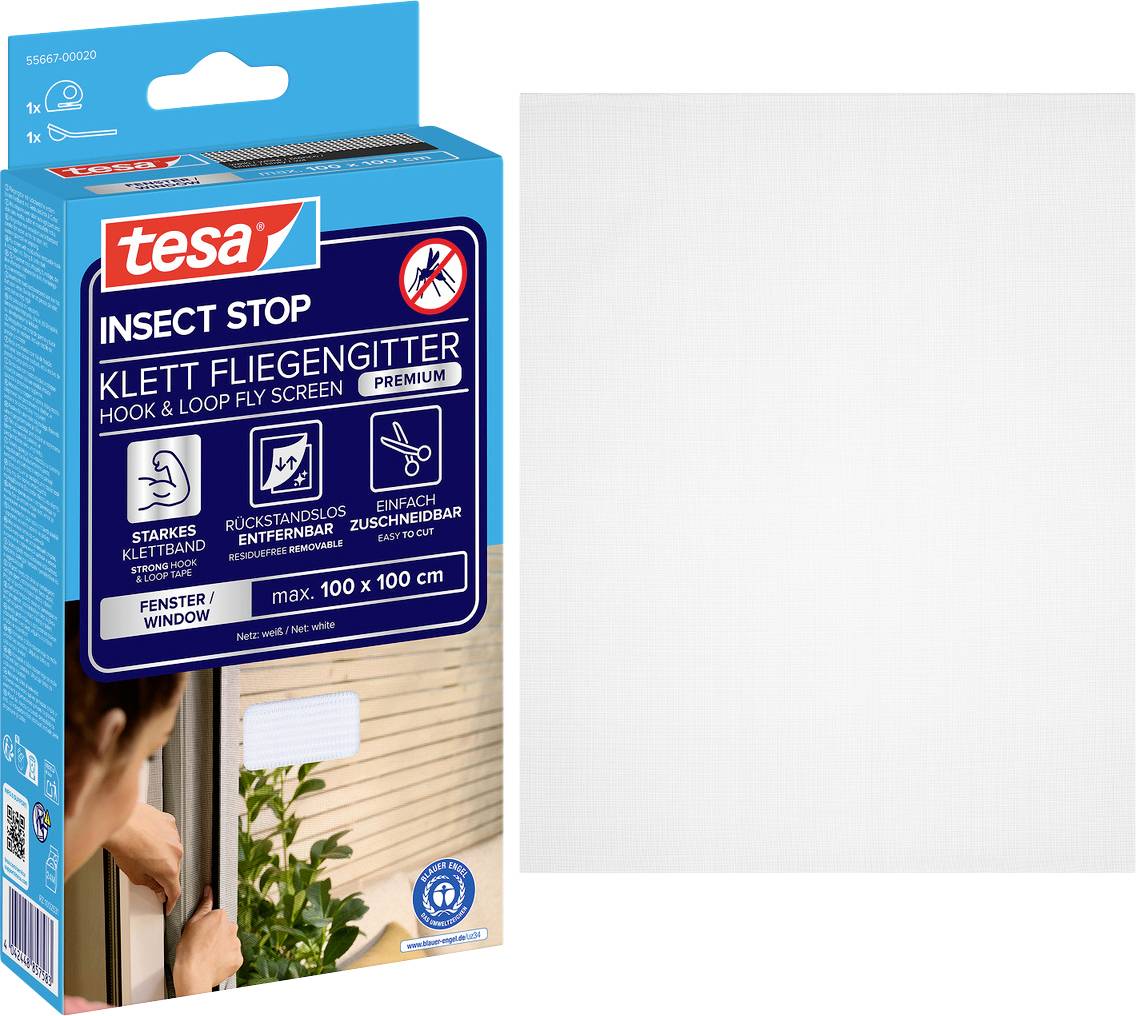 Kit de moustiquaire adhésive Tesa Insect Stop avec bande velcro à côté d'un panneau de maille blanche, pour une fenêtre jusqu'à 100 x 100 cm.