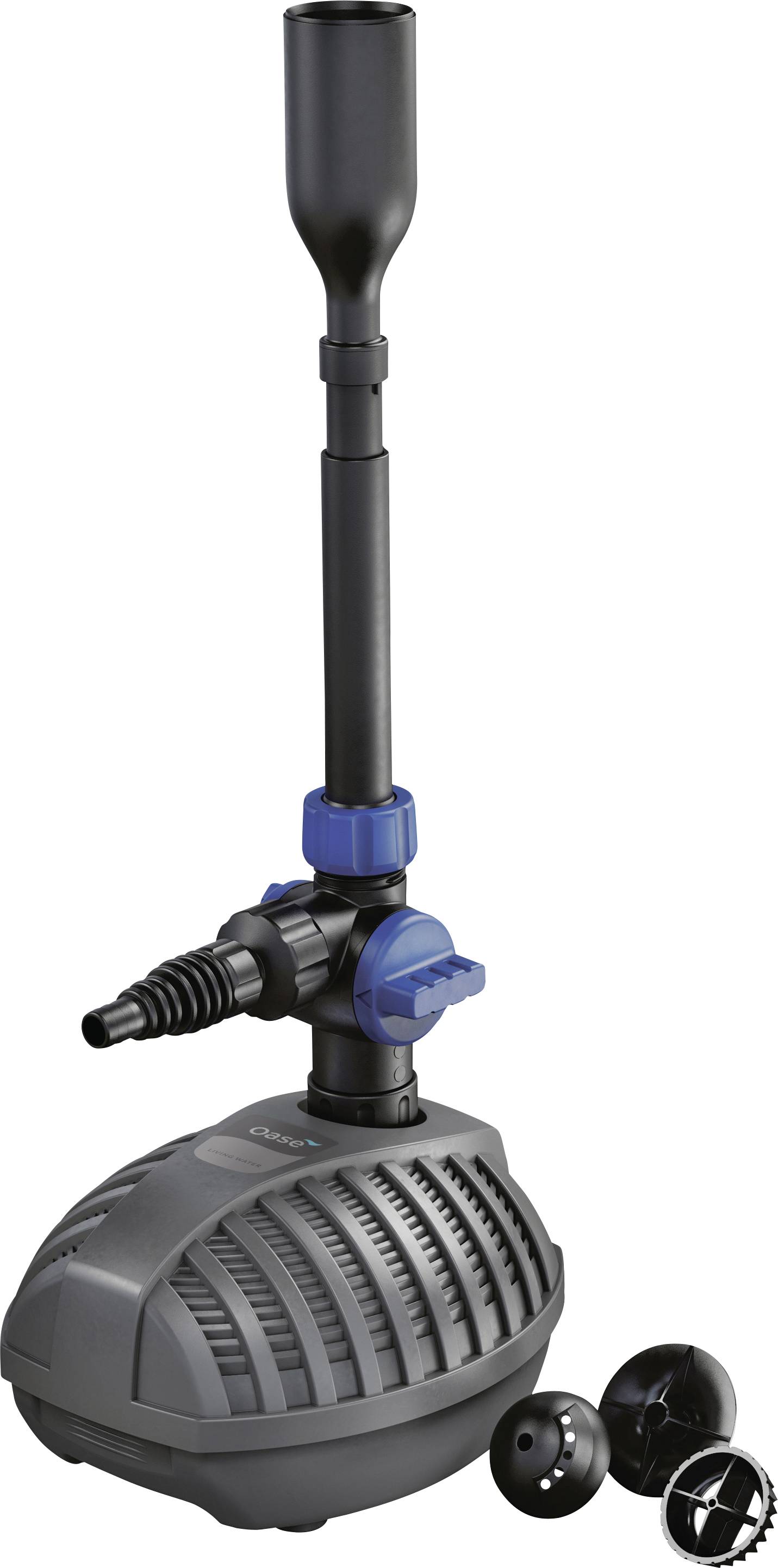 Une pompe à eau grise et noire avec une valve bleue, conçue pour les fontaines ou les étangs. À côté se trouvent des buses permettant de régler différents débits d'eau.