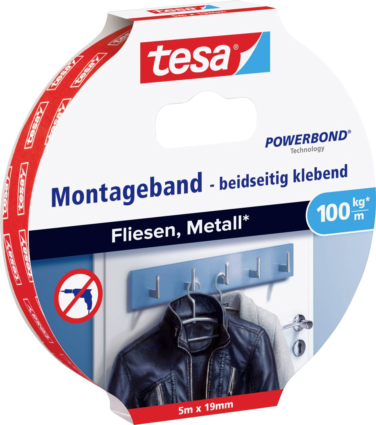 'Ruban de montage Tesa Powerbond pour carrelage et métal, supporte 100kg/m. L'emballage présente un exemple d'application pour un vestiaire.'