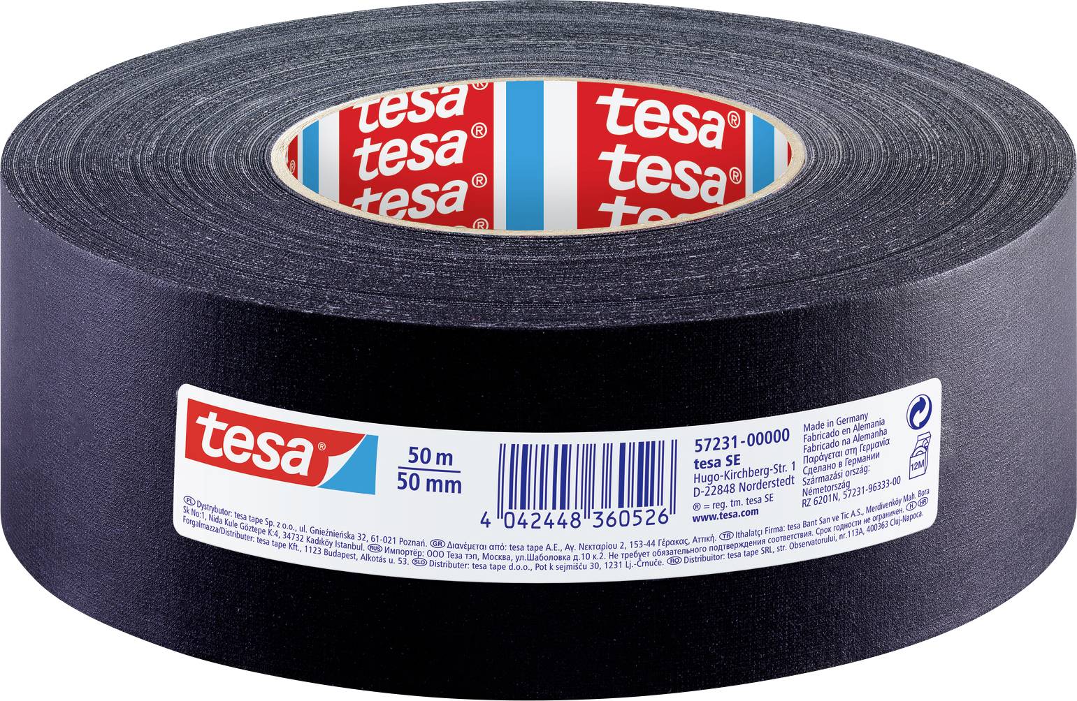 Un rouleau noir de ruban adhésif tesa avec des étiquettes rouges et blanches, marqué « 50 m » et « 50 mm ».