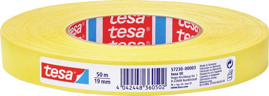 Un rouleau de ruban de masquage jaune tesa, long de 50 mètres et large de 19 mm, portant le logo tesa et les détails du produit sur l'étiquette.