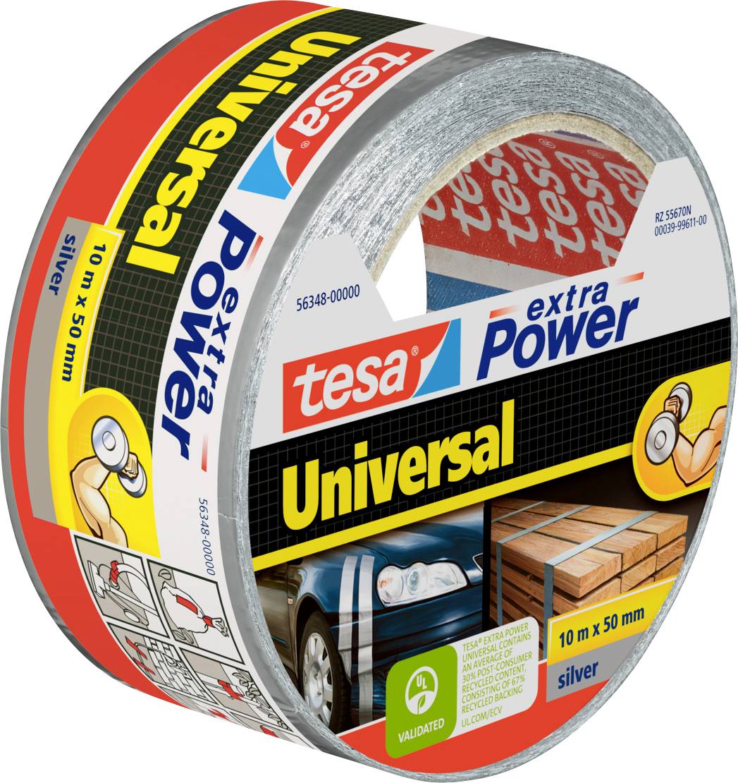 Ruban adhésif universel Tesa extra Power argent, 10m x 50mm. Adapté à divers types de réparations ; les images illustrent son utilisation sur des voitures et des colis.