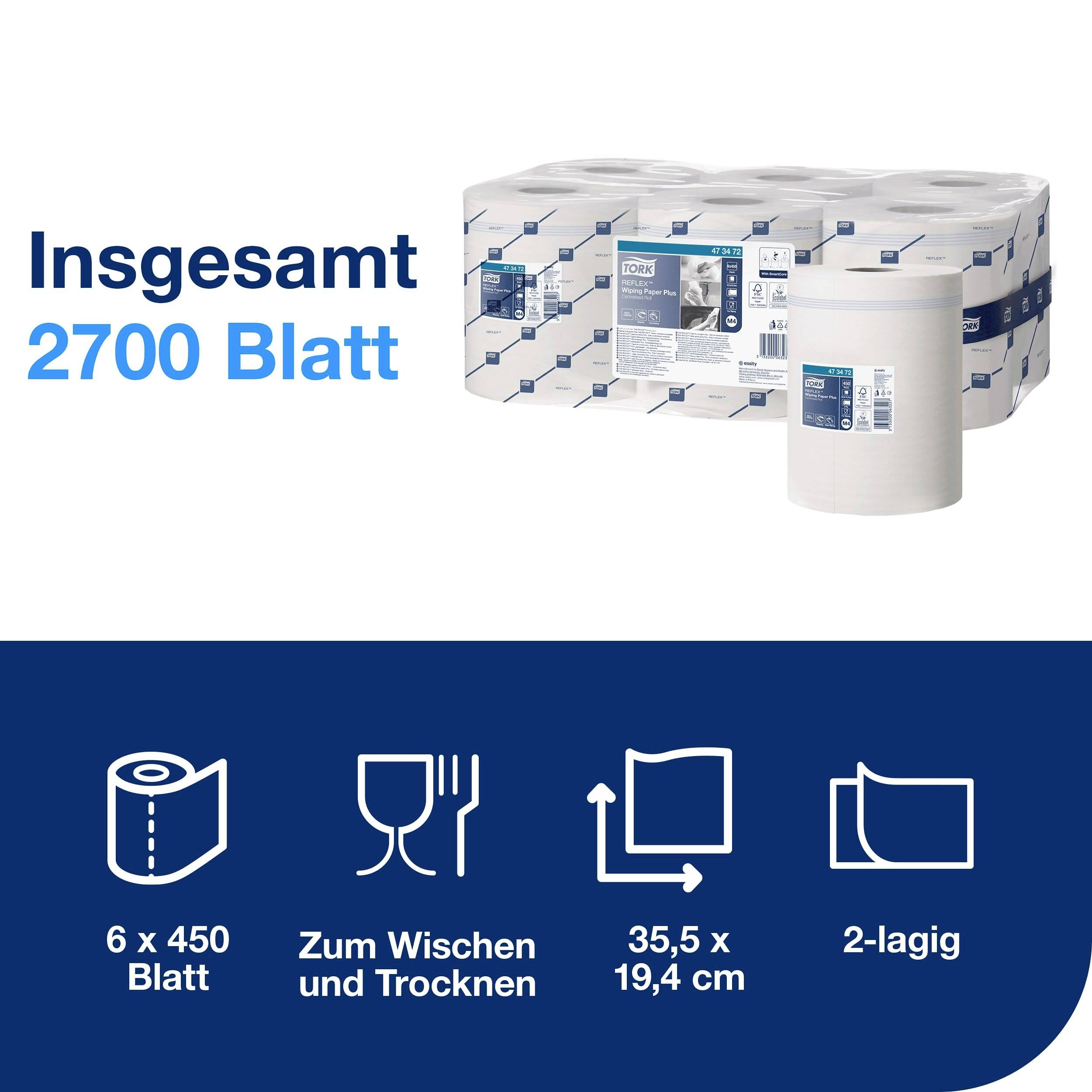 Lot de six rouleaux d'essuie-tout, soit un total de 2700 feuilles. Idéal pour nettoyer et sécher, format des feuilles 35,5 x 19,4 cm, 2 épaisseurs.