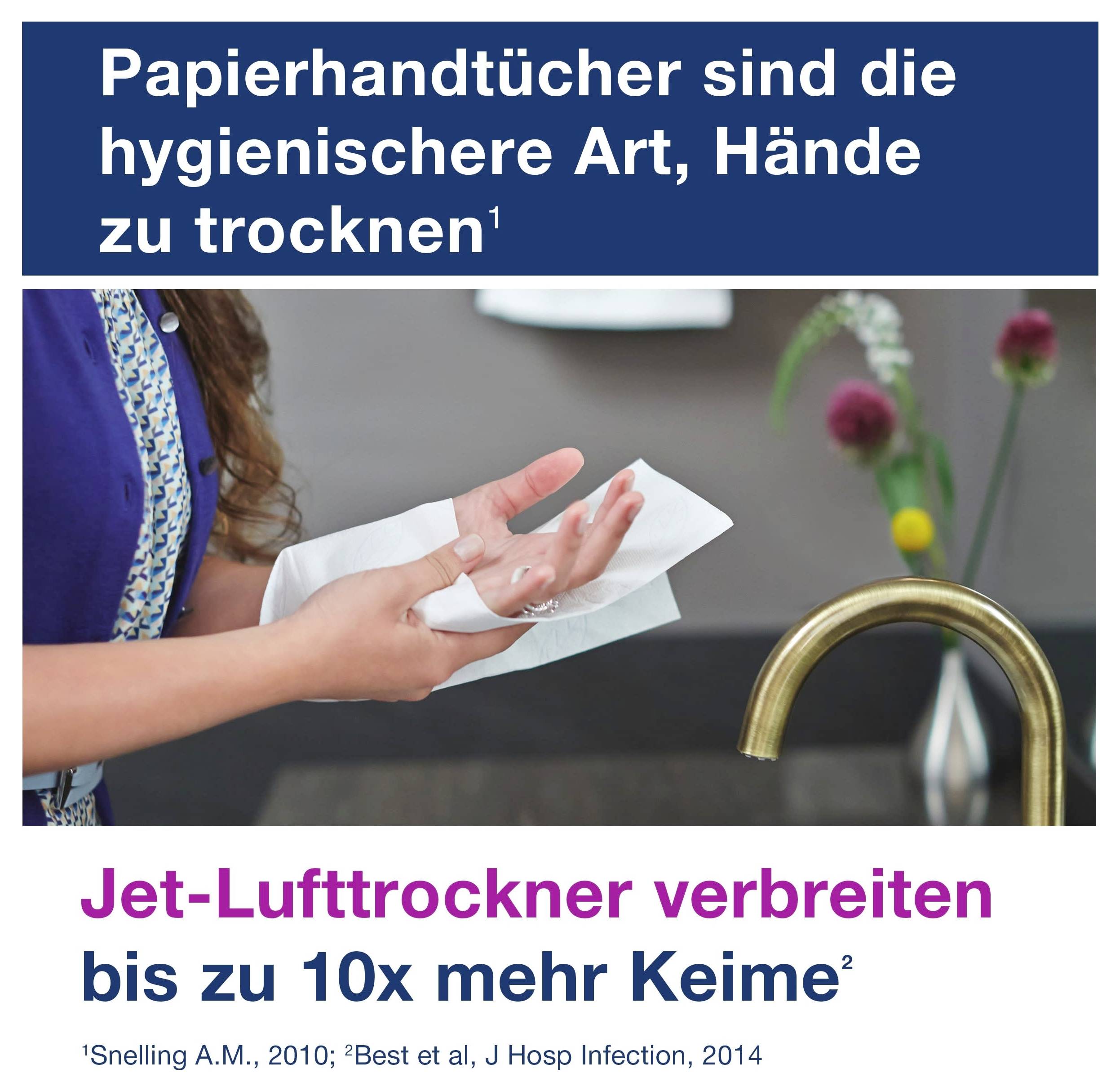 Publicité graphique : Une femme sèche ses mains avec des serviettes en papier au lavabo ; le texte affirme que les serviettes en papier sont plus hygiéniques et que les sèche-mains à jet propagent jusqu'à 10 fois plus de germes.
