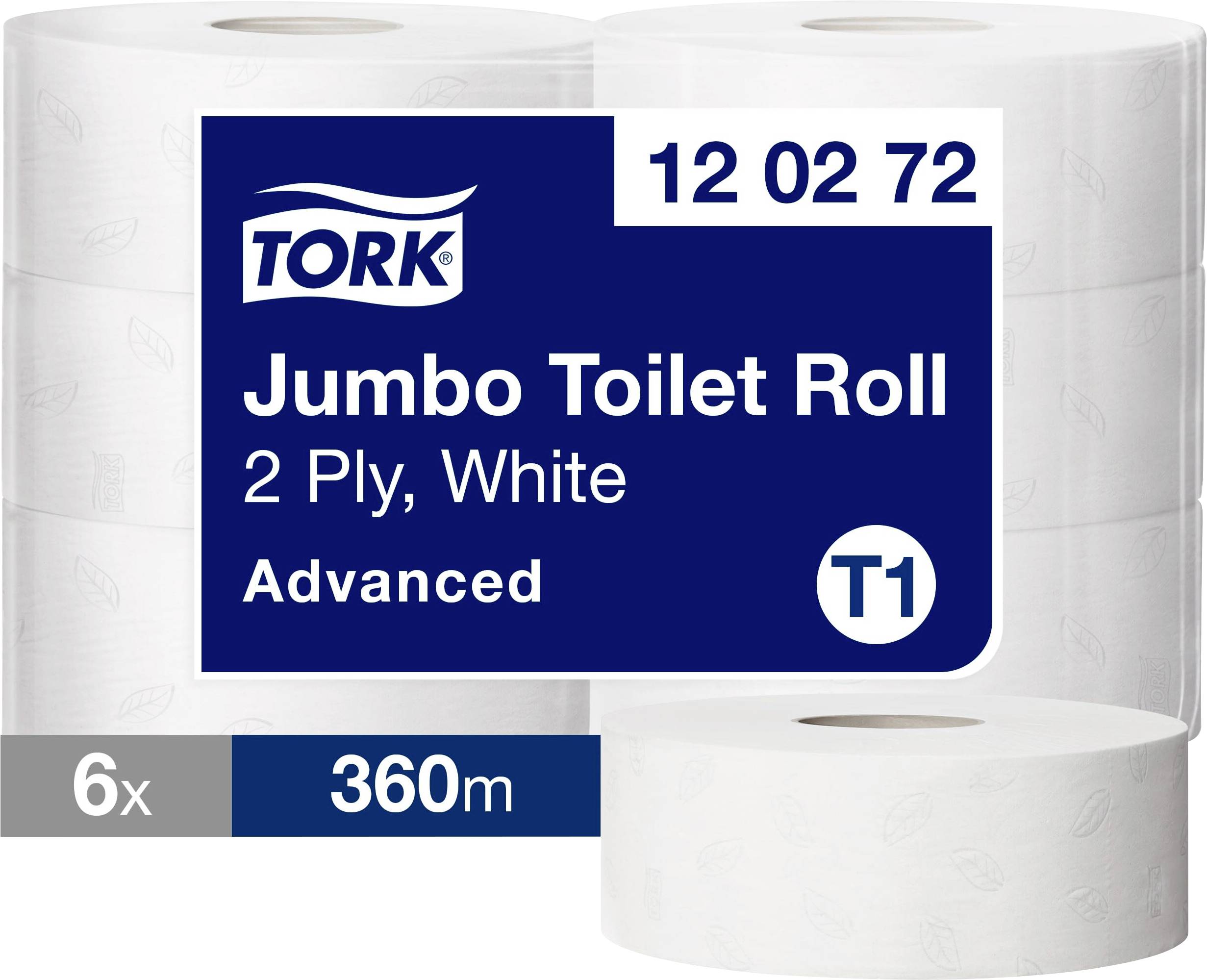 Paquet de papier toilette Tork Jumbo, 2 plis blanc, 6 rouleaux de 360 m chacun, étiqueté « Advanced » et « T1 ».