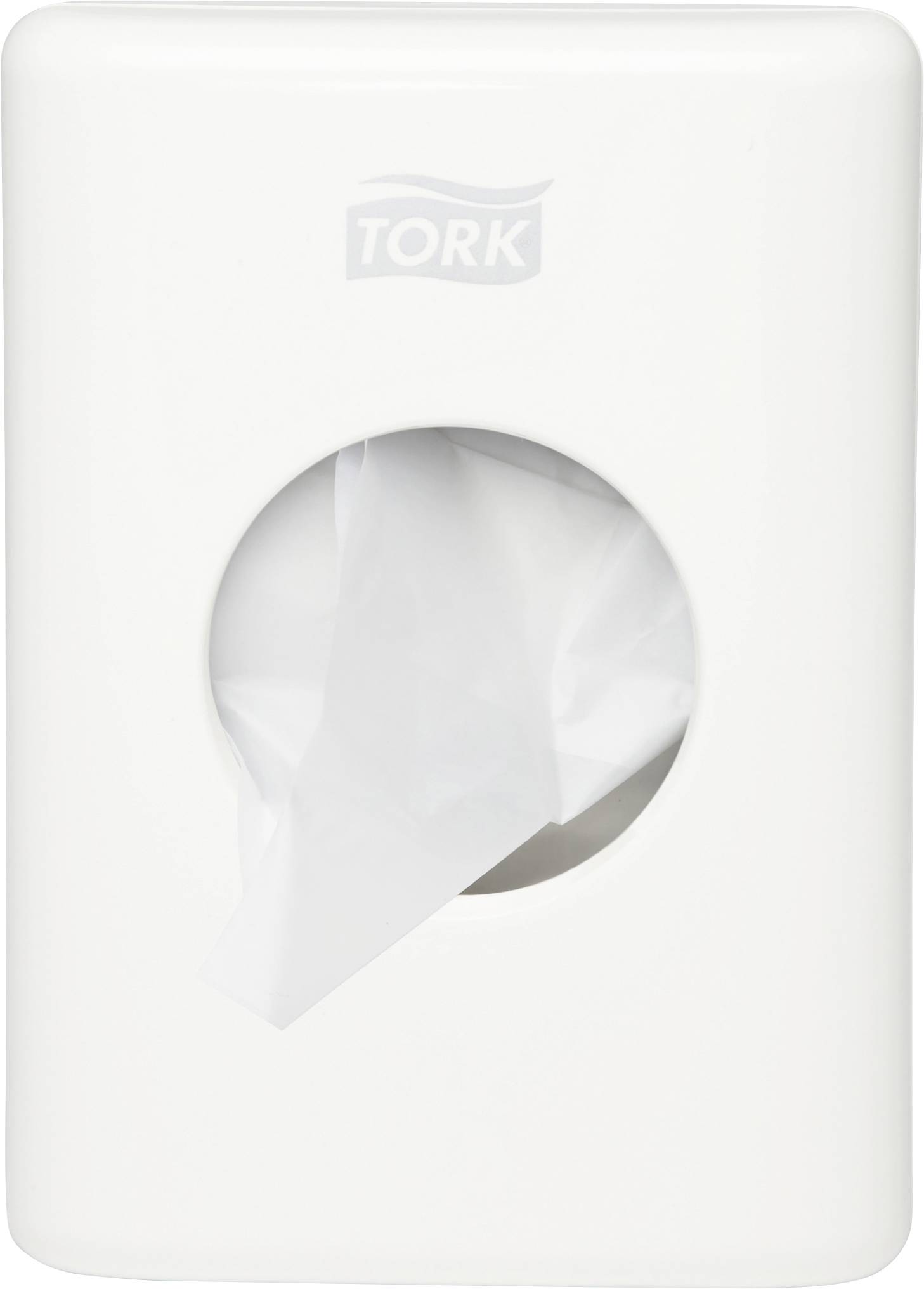 Weiß Tork Tissue-Spender mit einem einzelnen Papiertuch, das teilweise aus der vorderen Öffnung herausgezogen ist.