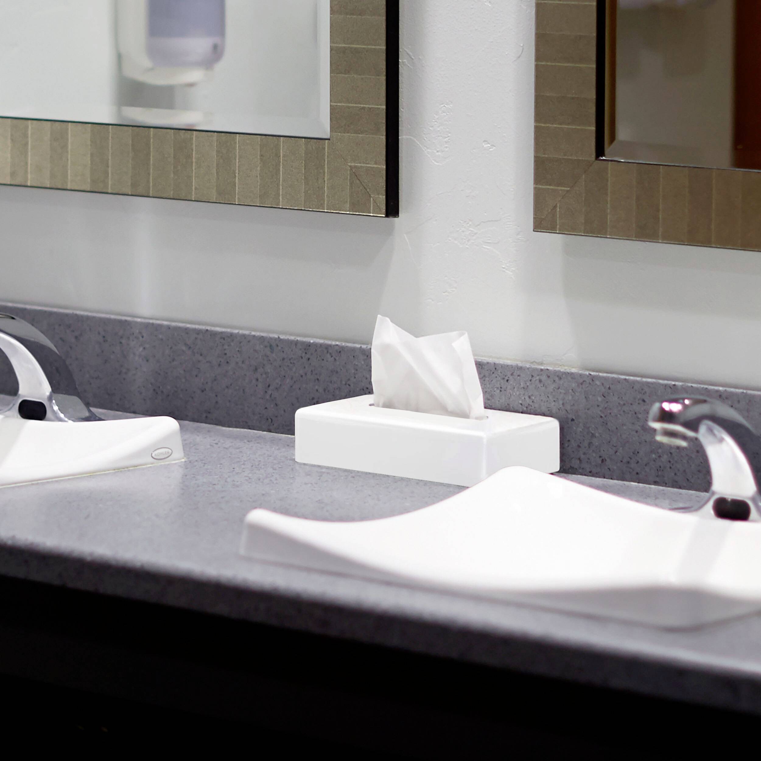 Zone de lavabo avec deux éviers, miroirs et un distributeur de mouchoirs dans une salle de bain propre et moderne.