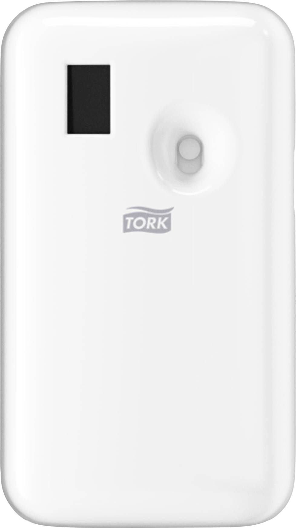 Wandmontierter Tork Spender in Weiß mit kleinem schwarzem Display und ovalem Sensor/Knopf auf der Vorderseite