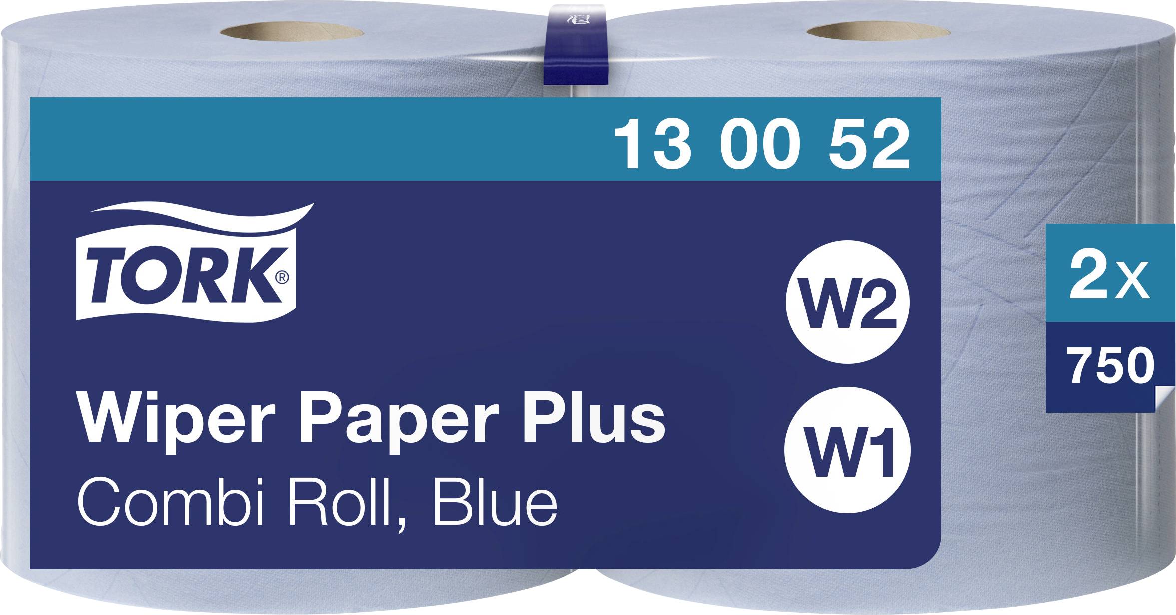 Pack de bobines de chiffons en papier bleu Tork, modèle 'Wiper Paper Plus', 2 rouleaux, compatible W1/W2, numéro de produit 130052.