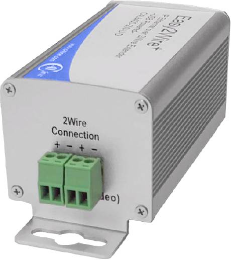 Un dispositif électronique rectangulaire avec des connexions pour des liaisons à 2 fils. Boîtier argenté avec un marquage bleu sur le dessus.