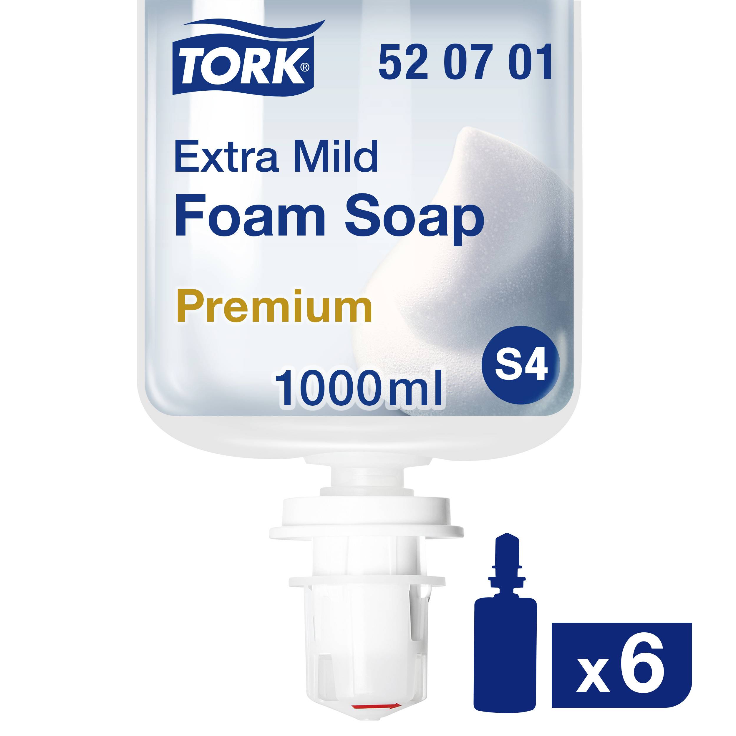 Bouteille de savon mousse Tork Extra Doux, Qualité Premium, 1000ml. Six recharges, adaptées aux distributeurs de savon S4.