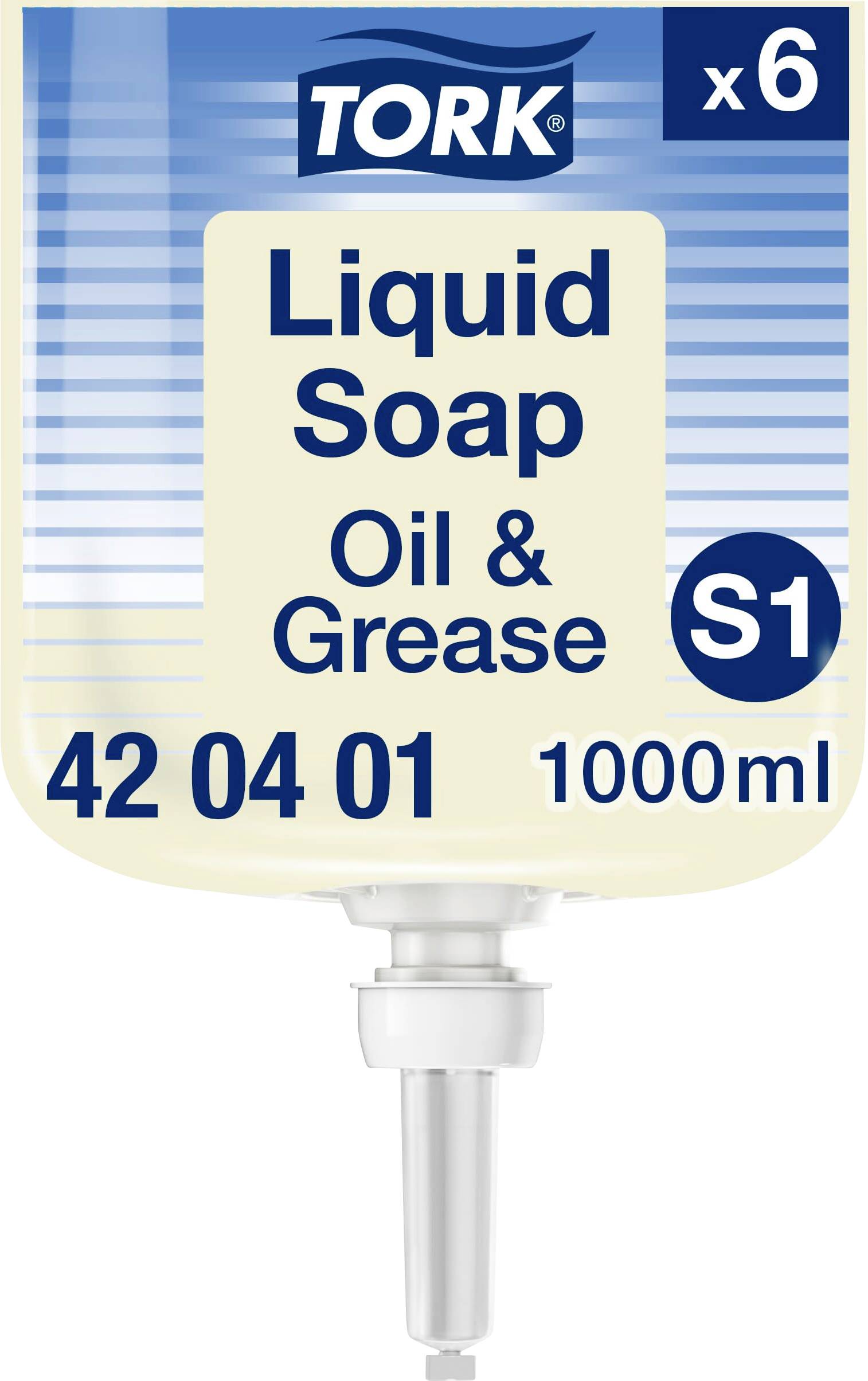 Cartouche de remplissage Tork Liquid Soap Oil & Grease S1, 1000 ml, paquet de 6, avec buse de distributeur.