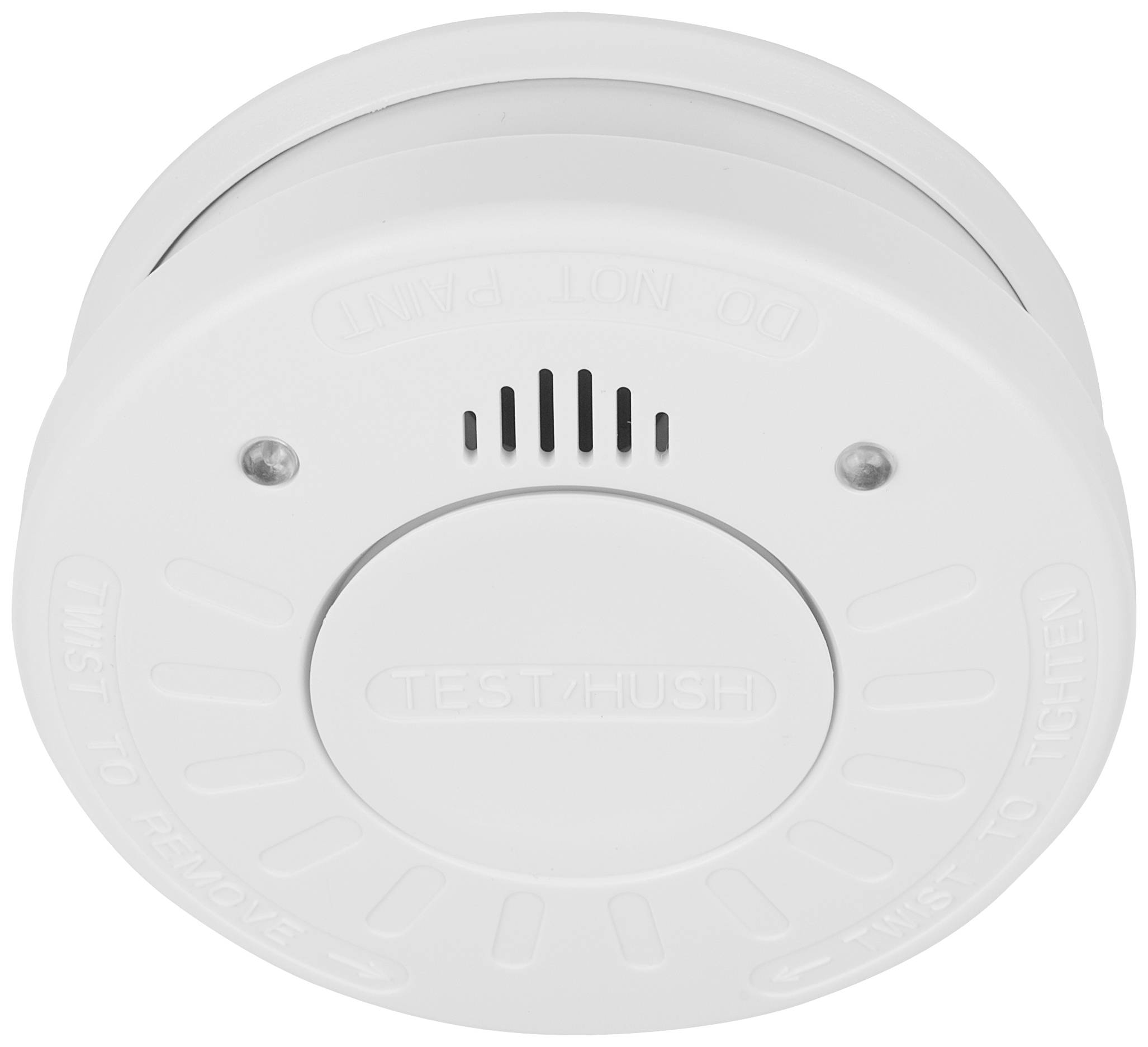 Détecteur de fumée blanc avec des fentes de ventilation et l'inscription 'Test/Hush' au centre.