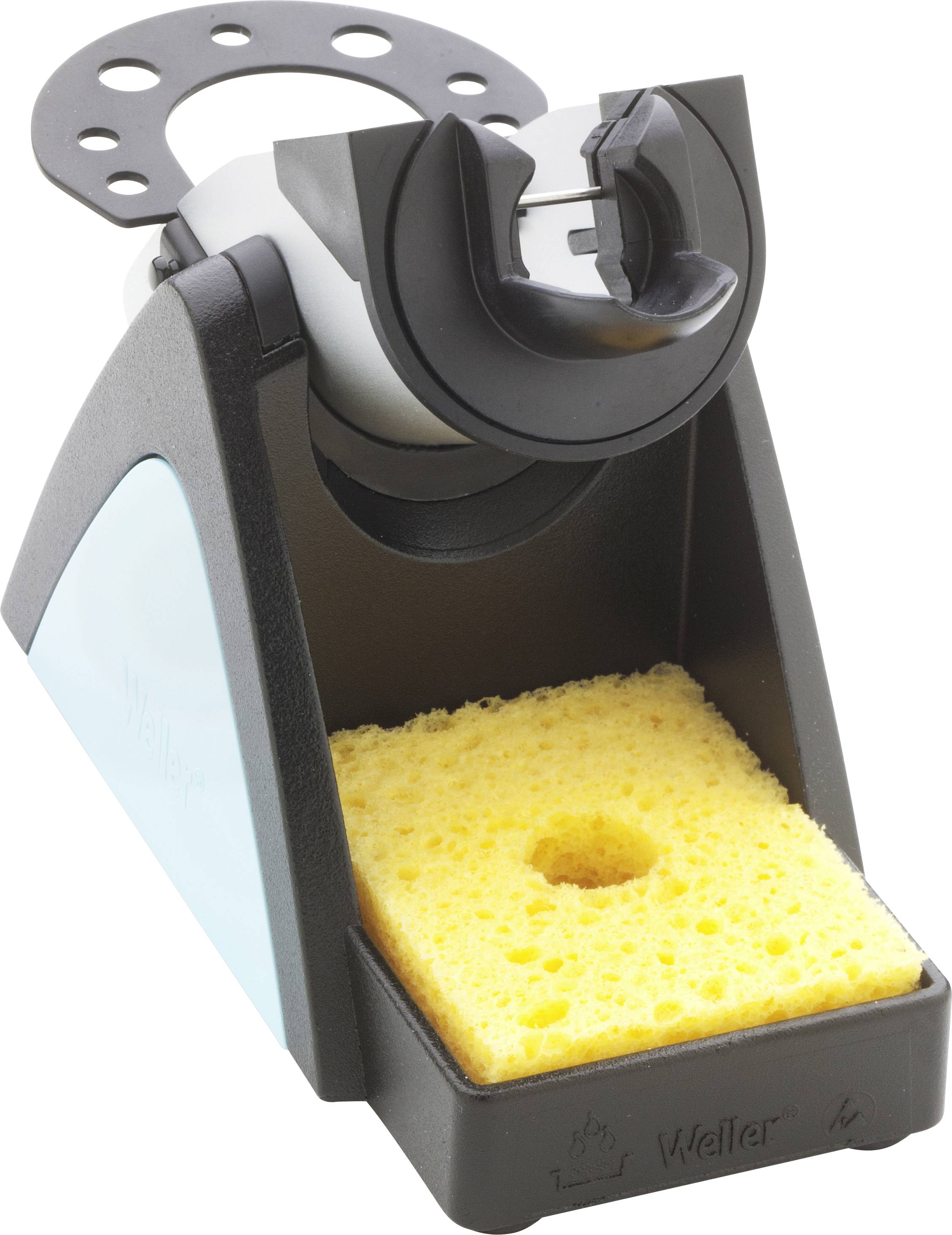 Support de fer à souder avec éponge de nettoyage intégrée, fourni par Weller, qui présente un outil pratique pour les travaux de soudure.