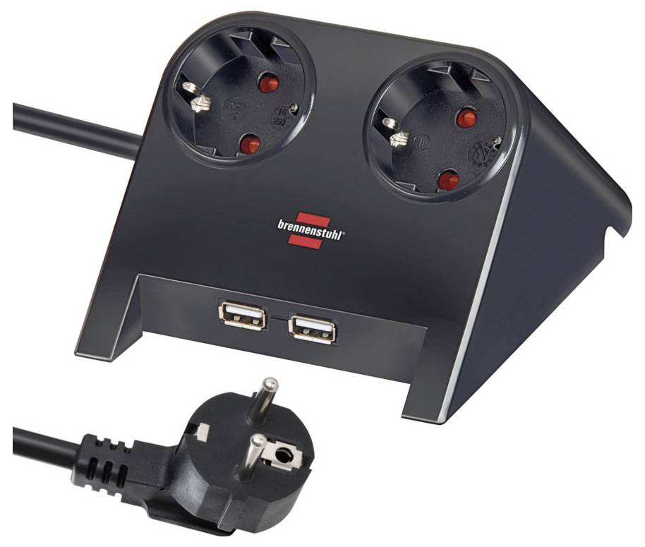Bloc multiprises Brennenstuhl noir pour bureau avec deux prises EU et deux ports USB, montré avec fiche d'alimentation attachée et cordon.