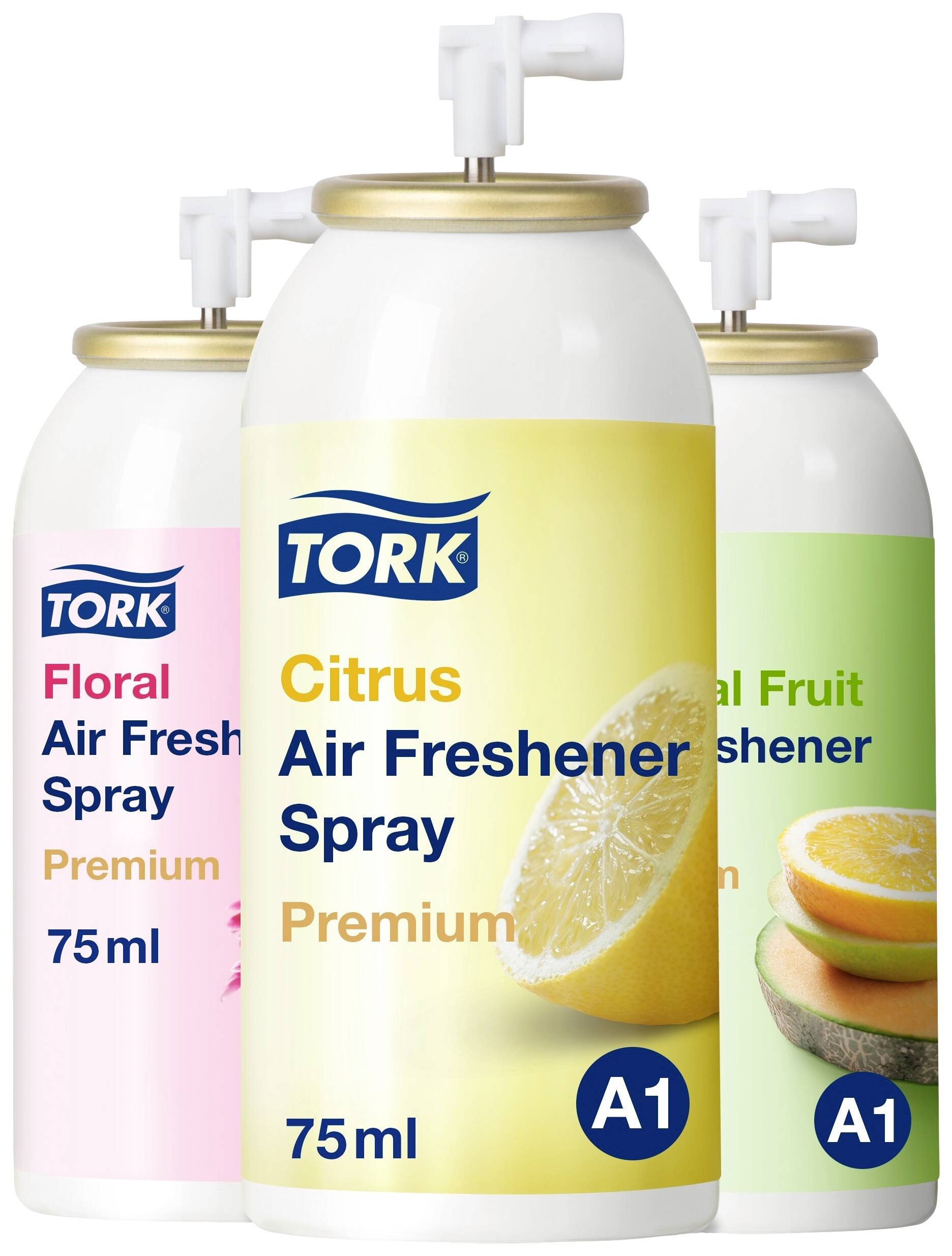 Trois bombes de désodorisant spray aux parfums Citrus, Fleur et Fruits tropicaux, chacune de 75 ml, marque 'Tork'.