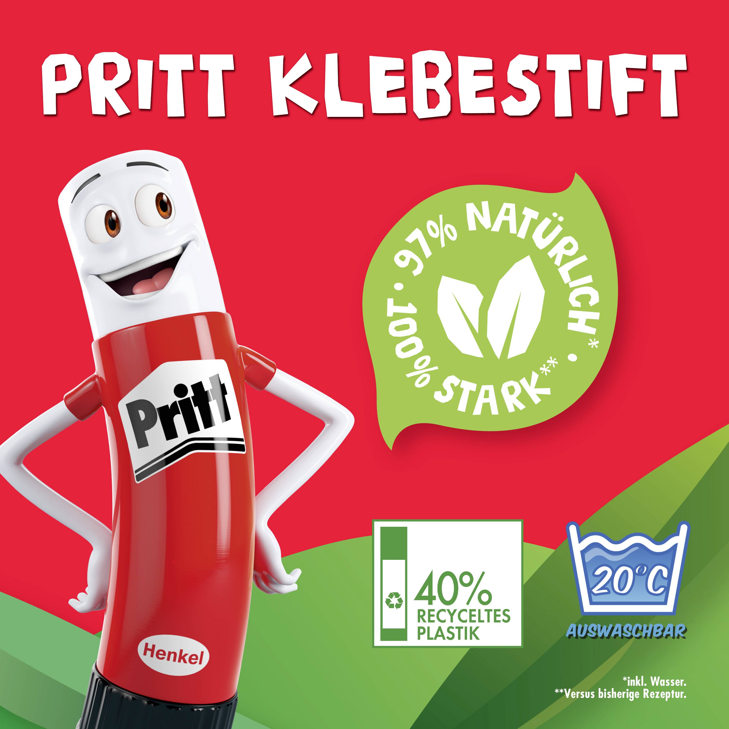Publicité pour Pritt Stick : 97% d'ingrédients naturels, 40% de plastique recyclé, lavable à 20°C.