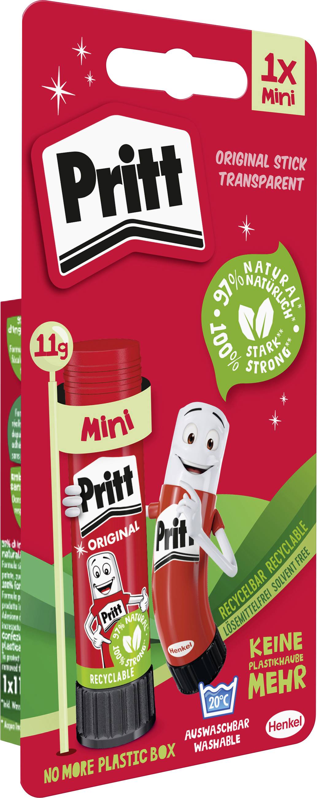Emballage 'Mini Pritt Stick' montrant un personnage de bande dessinée tenant le bâton de colle. Mentions : '97% d'ingrédients naturels', 'recyclable'.