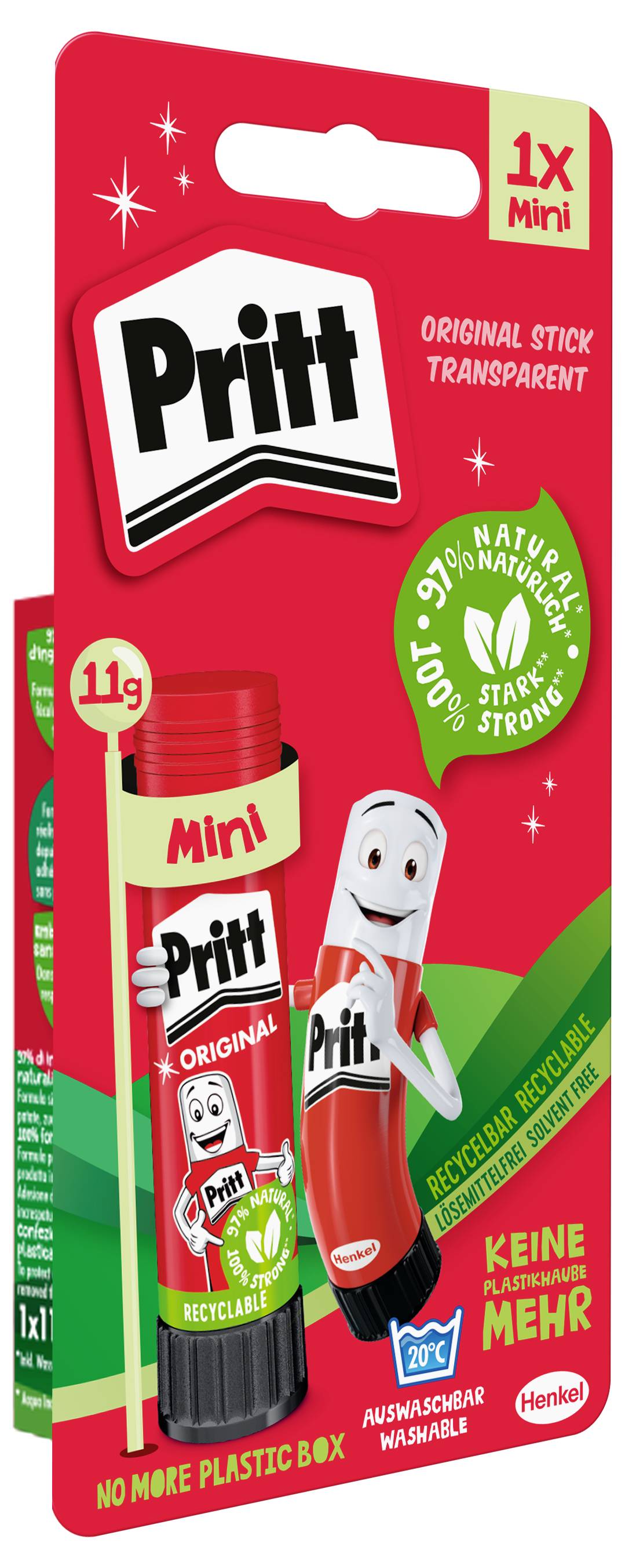 Bâton de colle transparent Mini Pritt. Étiquette mettant en avant des 