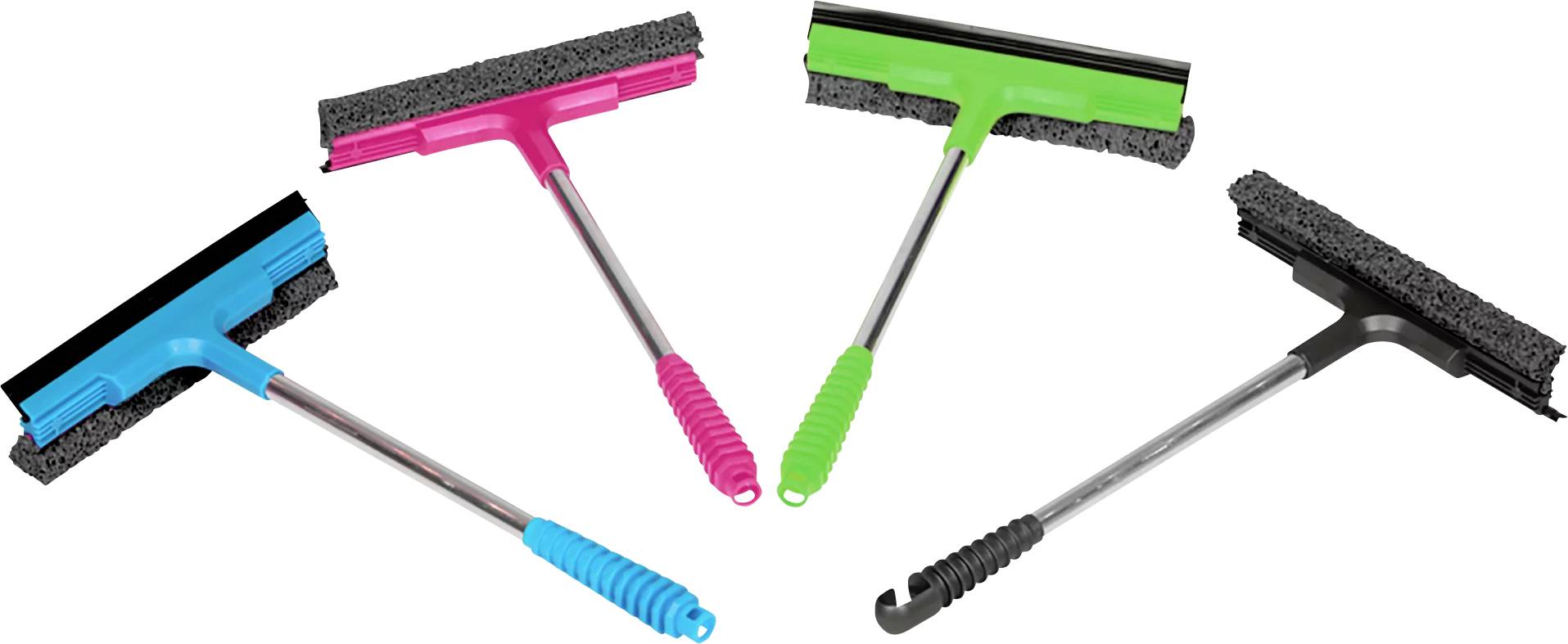 Quatre raclettes à vitres en bleu, rose, vert et noir avec des lèvres en caoutchouc et des éponges. Elles sont disposées sur un fond blanc.