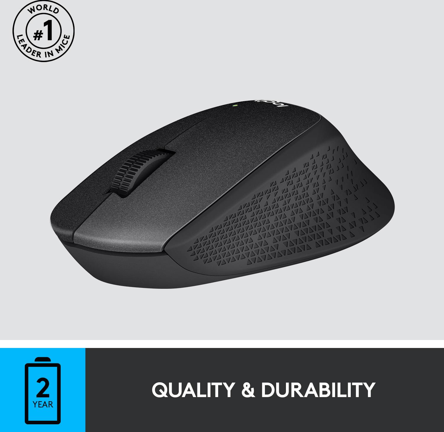 Une main tient une souris d'ordinateur noire sur un fond gris. Texte en haut : 'Navigation fluide et défilement précis'.