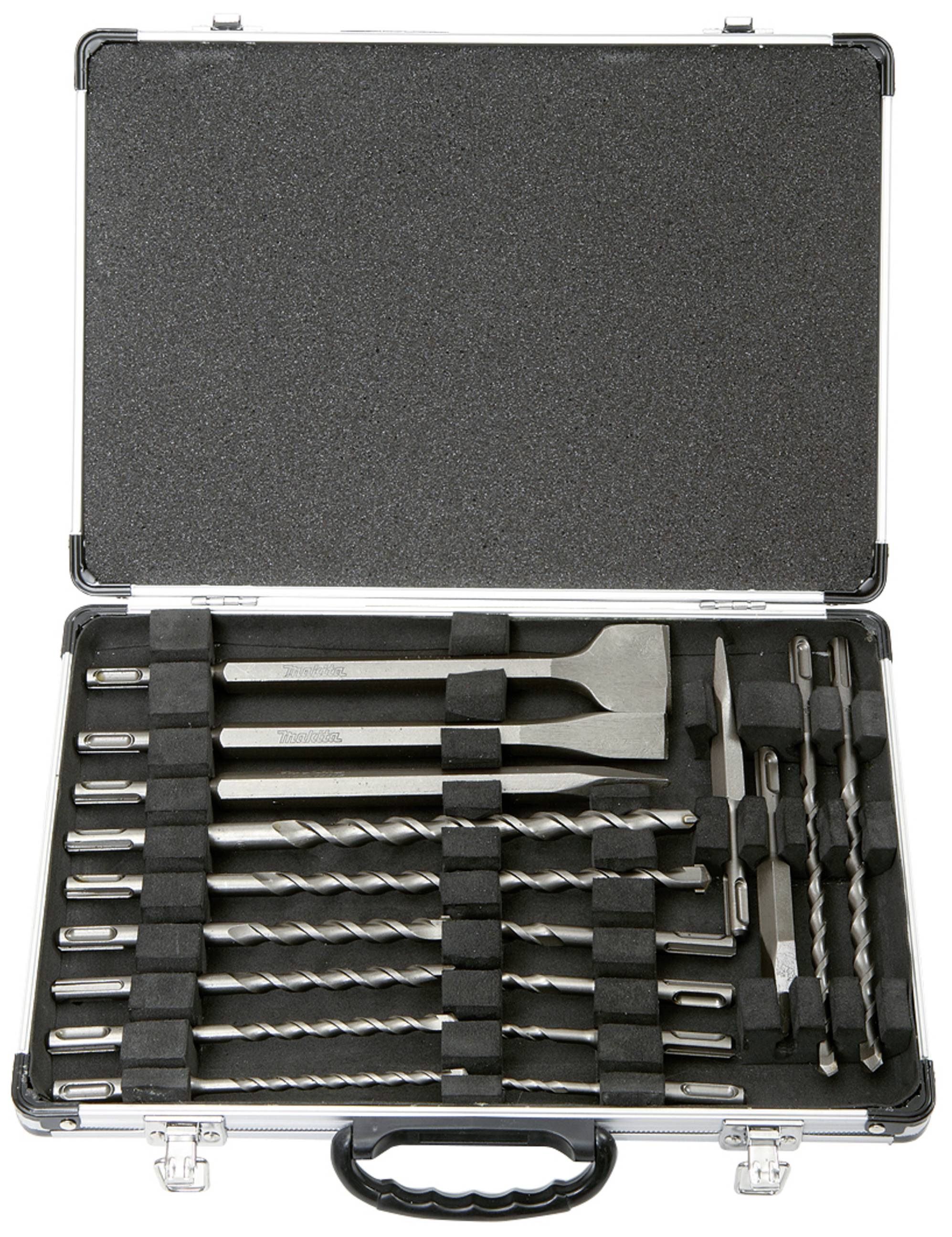 Une boîte à outils ouverte contenant divers embouts de perçage et de burinage dans des inserts en mousse, destinés à être utilisés avec une perceuse.