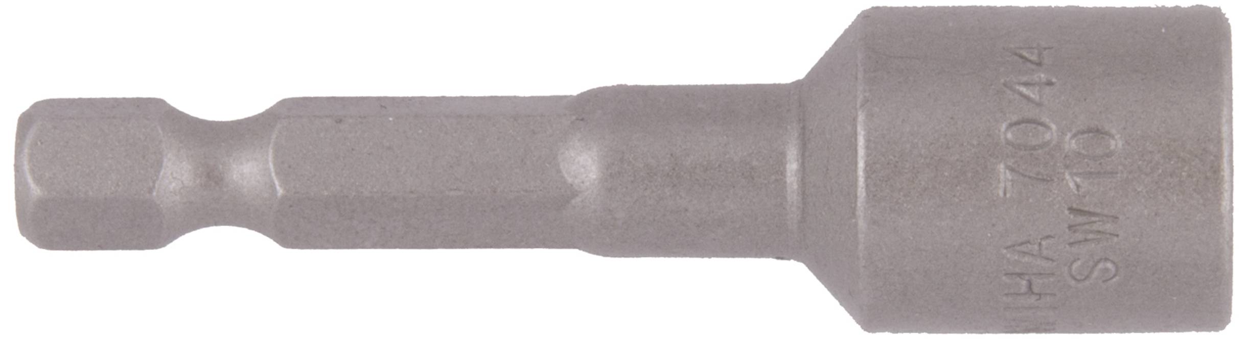 Embout de douille métallique, de forme cylindrique, avec extrémité hexagonale pour tournevis ou perceuses, numéros gravés.
