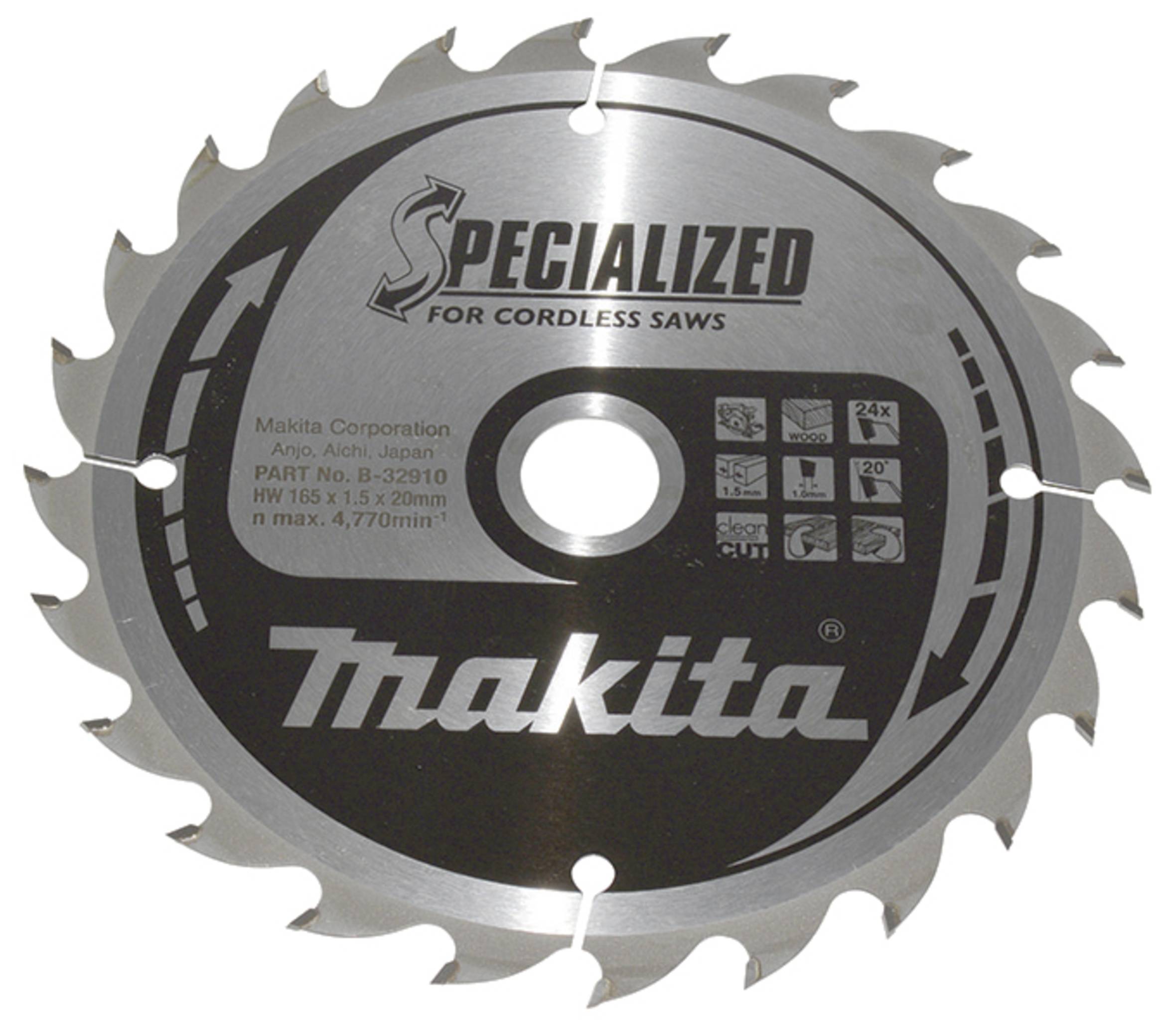 Makita SPECIALIZED B-32910 Lame de scie circulaire au carbure 165 x 20 x 1 mm Nombre de dents: 24 1 pc(s)