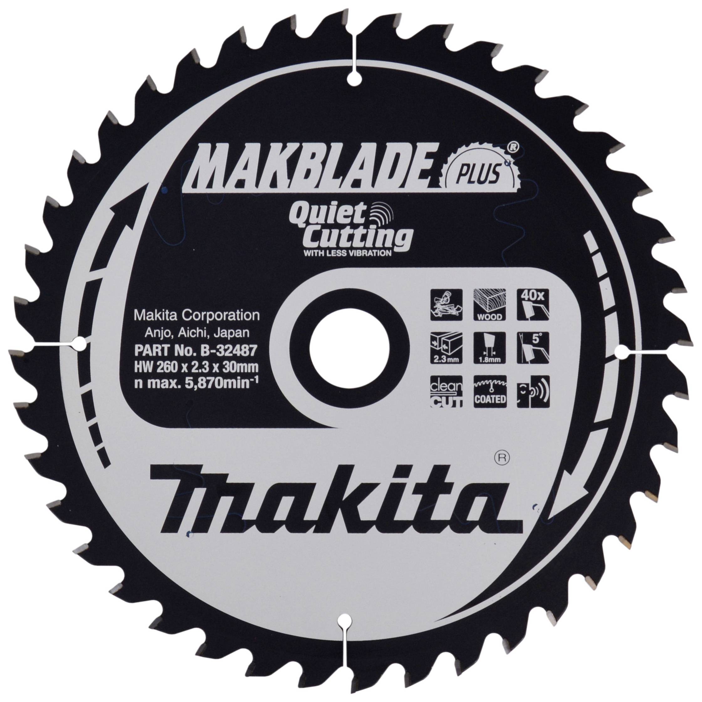 Lame de scie circulaire 'Makblade Plus' de Makita, diamètre de 260 mm, alésage de 30 mm, développée pour une coupe silencieuse avec moins de vibrations.