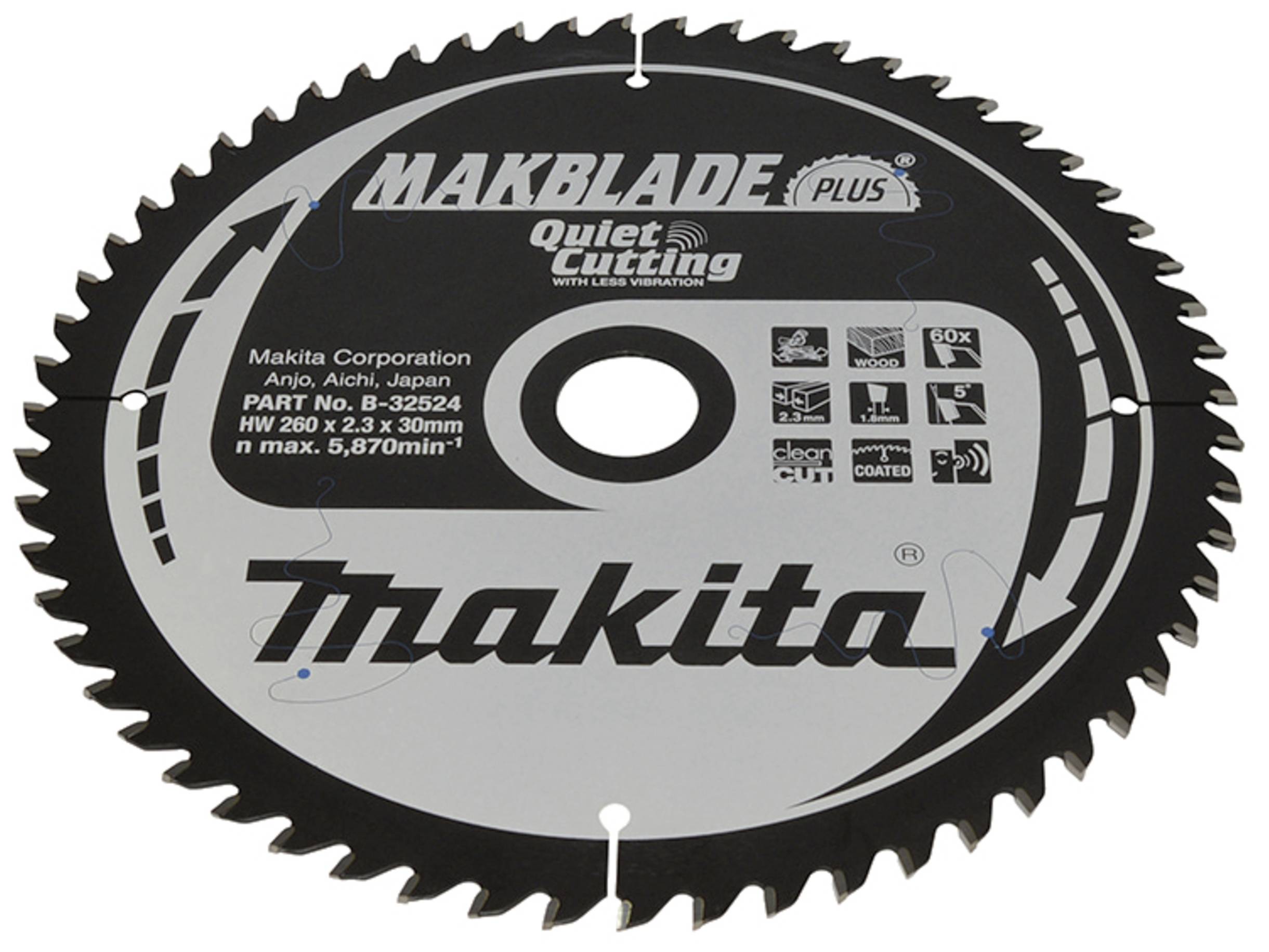 Lame de scie circulaire Makita portant l'inscription 'MAKBLADE PLUS'. Détails : 260 x 2,3 x 30 mm, max. 5 870 tr/min, bruit et vibrations réduits.