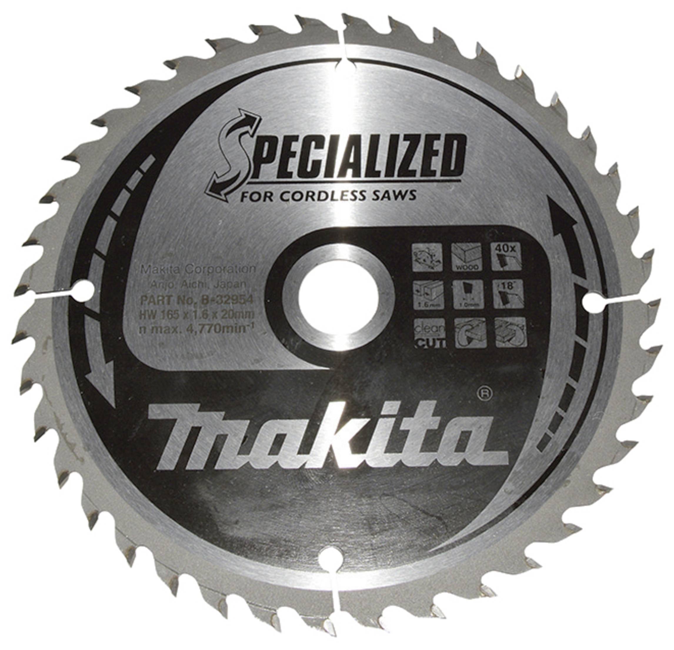 Makita SPECIALIZED B-32954 Lame de scie circulaire au carbure 165 x 20 x 1 mm Nombre de dents: 40 1 pc(s)
