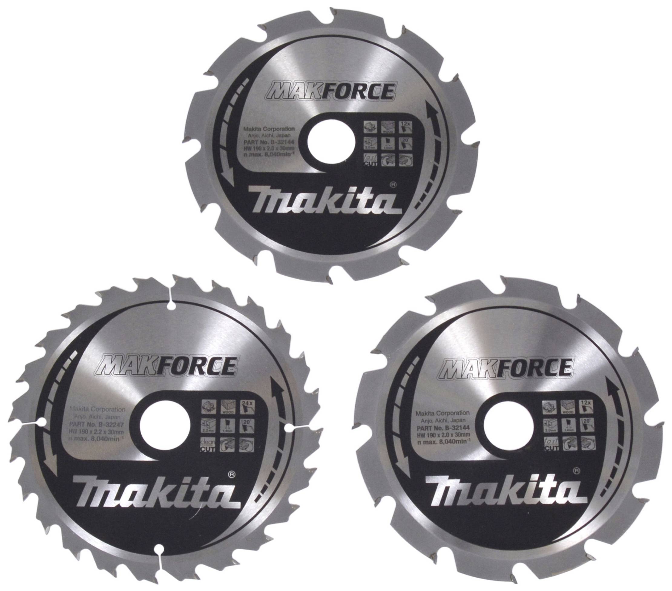 'Trois lames de scie circulaires de Makita portant l'inscription MAKFORCE. Chaque lame a une ouverture centrale et des dents différentes.'