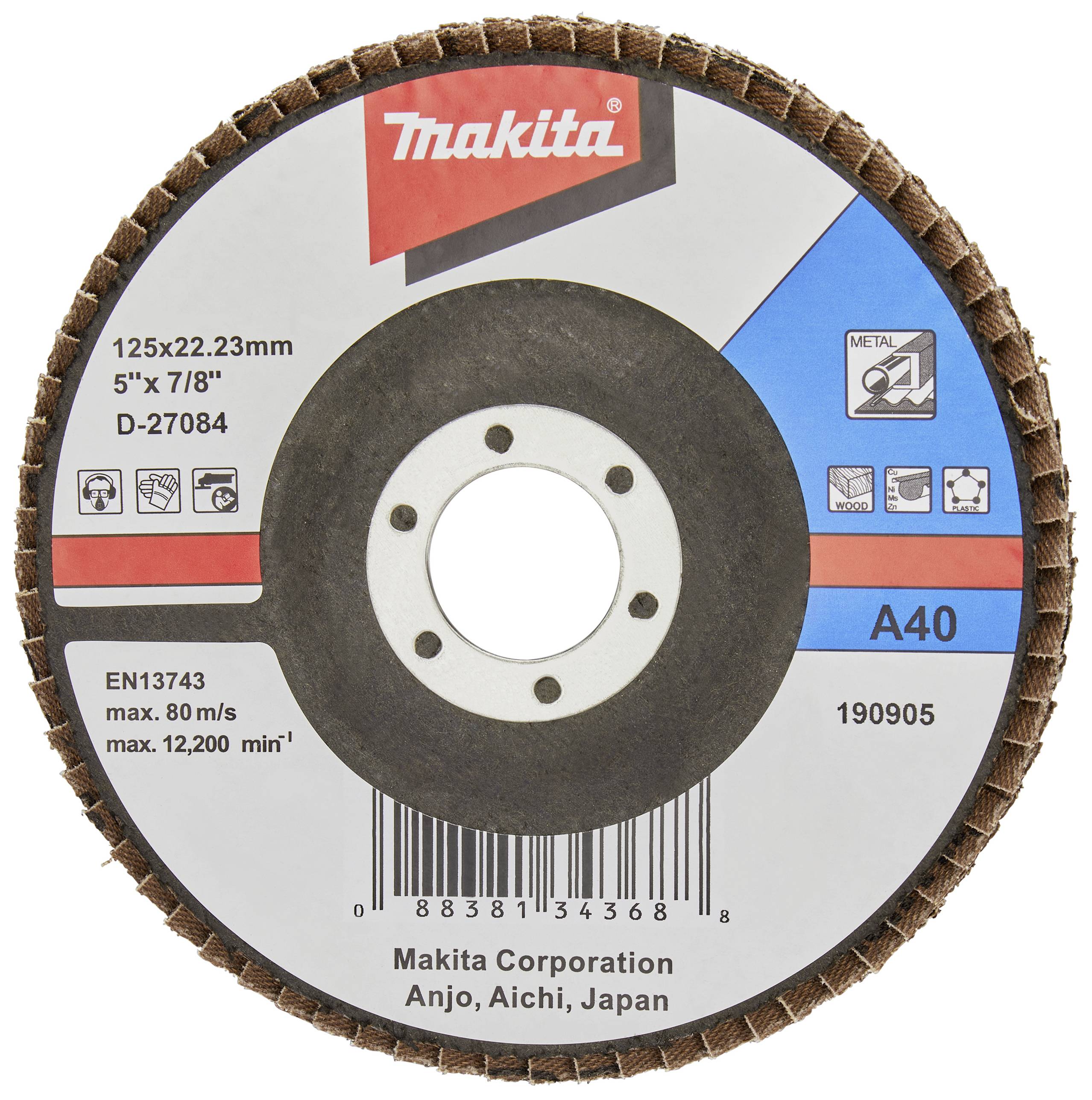 Une meule Makita de dimensions 125x22,23 mm, numéro de modèle D-27084, adaptée pour l'usinage des métaux.