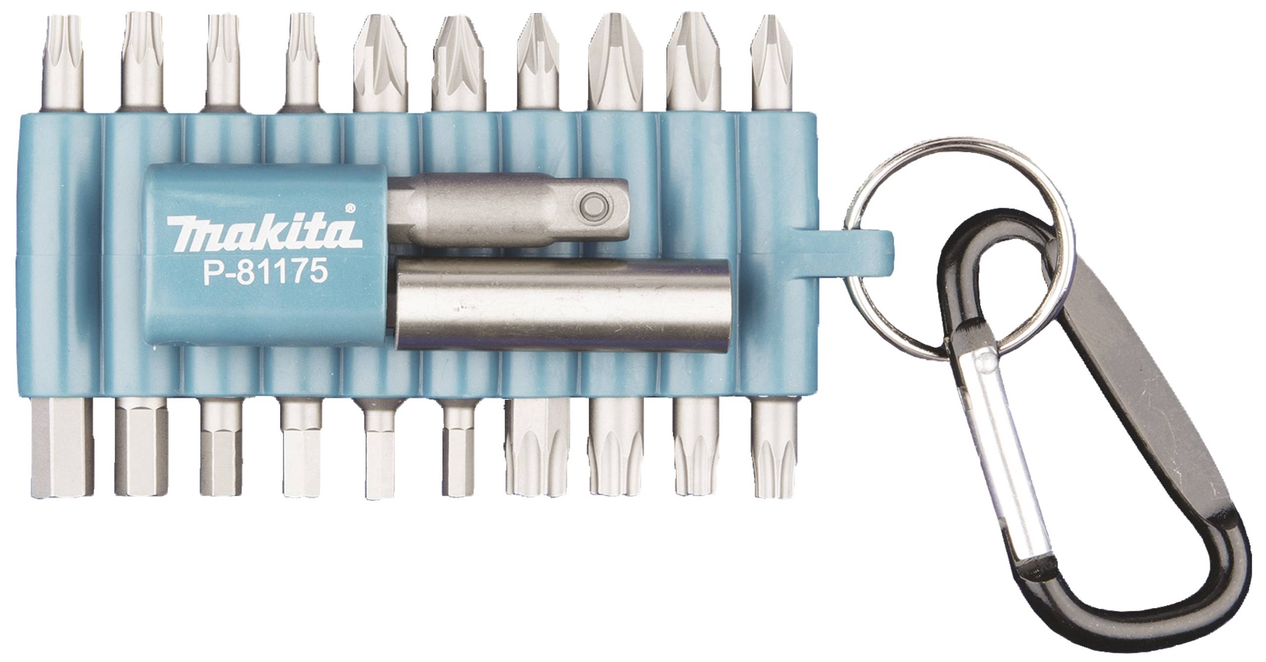 Un porte-embouts Makita bleu avec 13 différents embouts de vissage et un mousqueton pour l'attache.