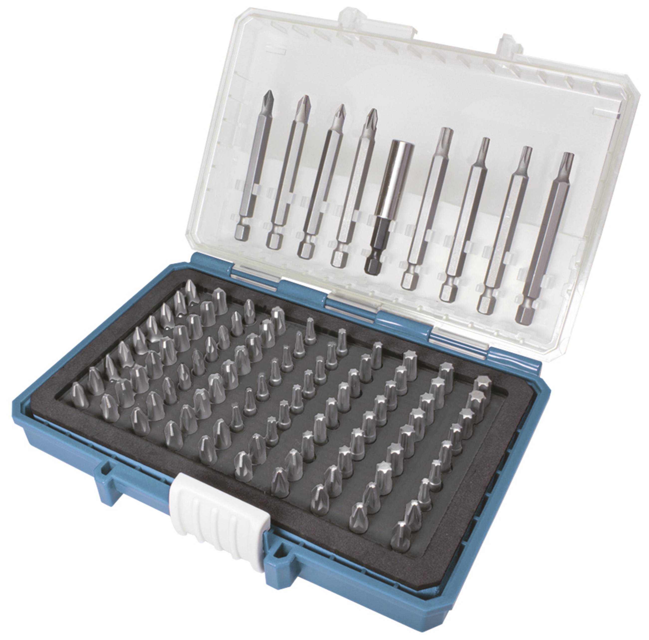 Boîte à outils ouverte contenant une sélection de embouts de tournevis de différentes tailles et formes, disposés dans une mousse de calage.