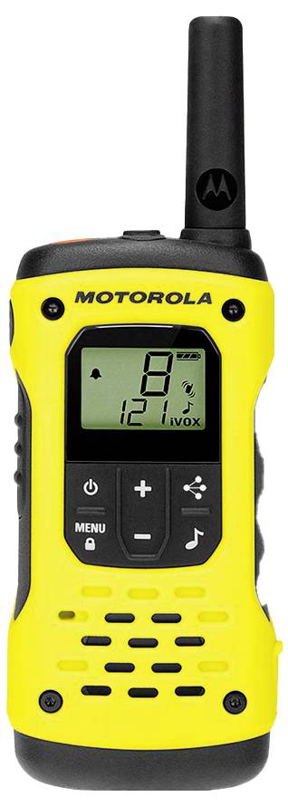 Talkie-walkie Motorola jaune avec antenne, écran LCD et boutons de commande sur un fond blanc.