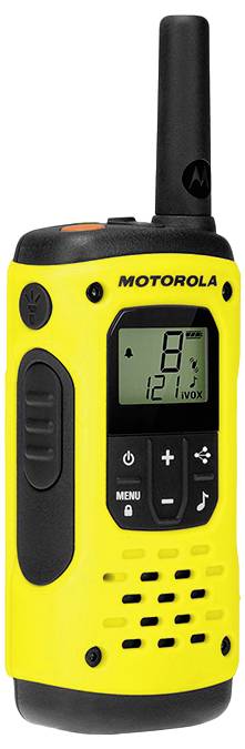 Radio bidirectionnel portatif Motorola jaune avec longue antenne noire, écran numérique, bouton de transmission latéral et commandes de clavier.