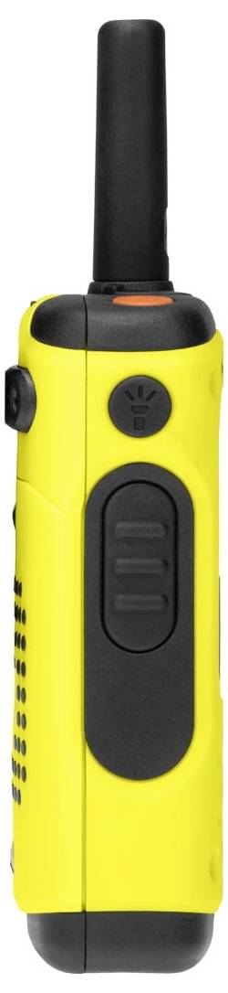 Radio bidirectionnel portatif jaune avec antenne noire sur le dessus et boutons latéraux, présenté de face sur un fond blanc.