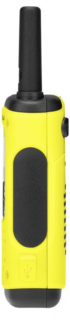 Talkie-walkie jaune portatif montré de profil, avec une antenne noire, un panneau de prise, un bouton latéral et un port de charge USB.